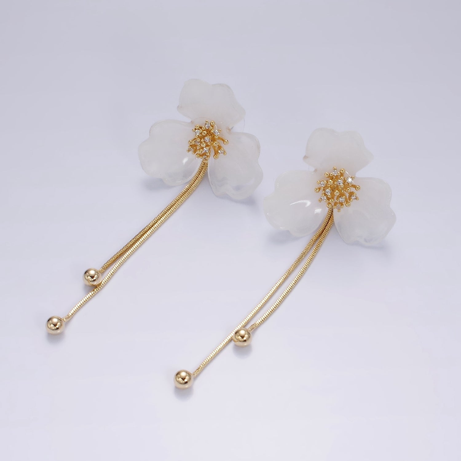 14K Gold Filled Acrylic Flower CZ Double Snake Chain Bead Drop Stud Earrings | AE313