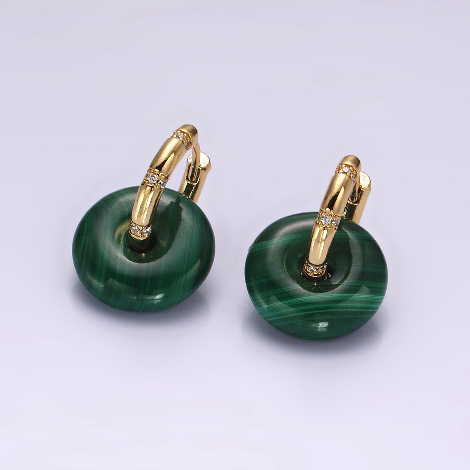 14K Gold Filled Green Malachite Donut Lined Micro Paved Huggie Earrings | AE353