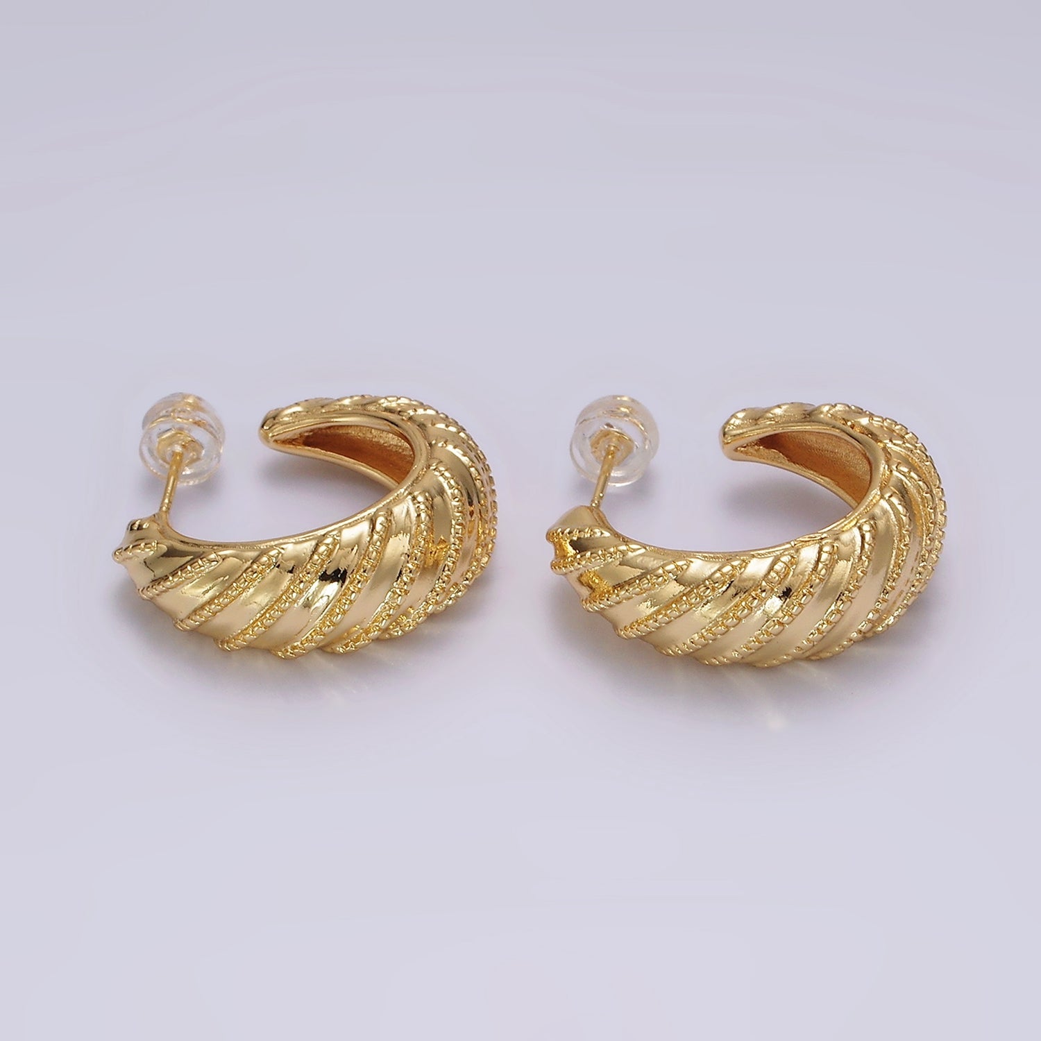 14K Gold Filled 25mm Beaded Croissant C-Shaped Hoop Earrings | AE358