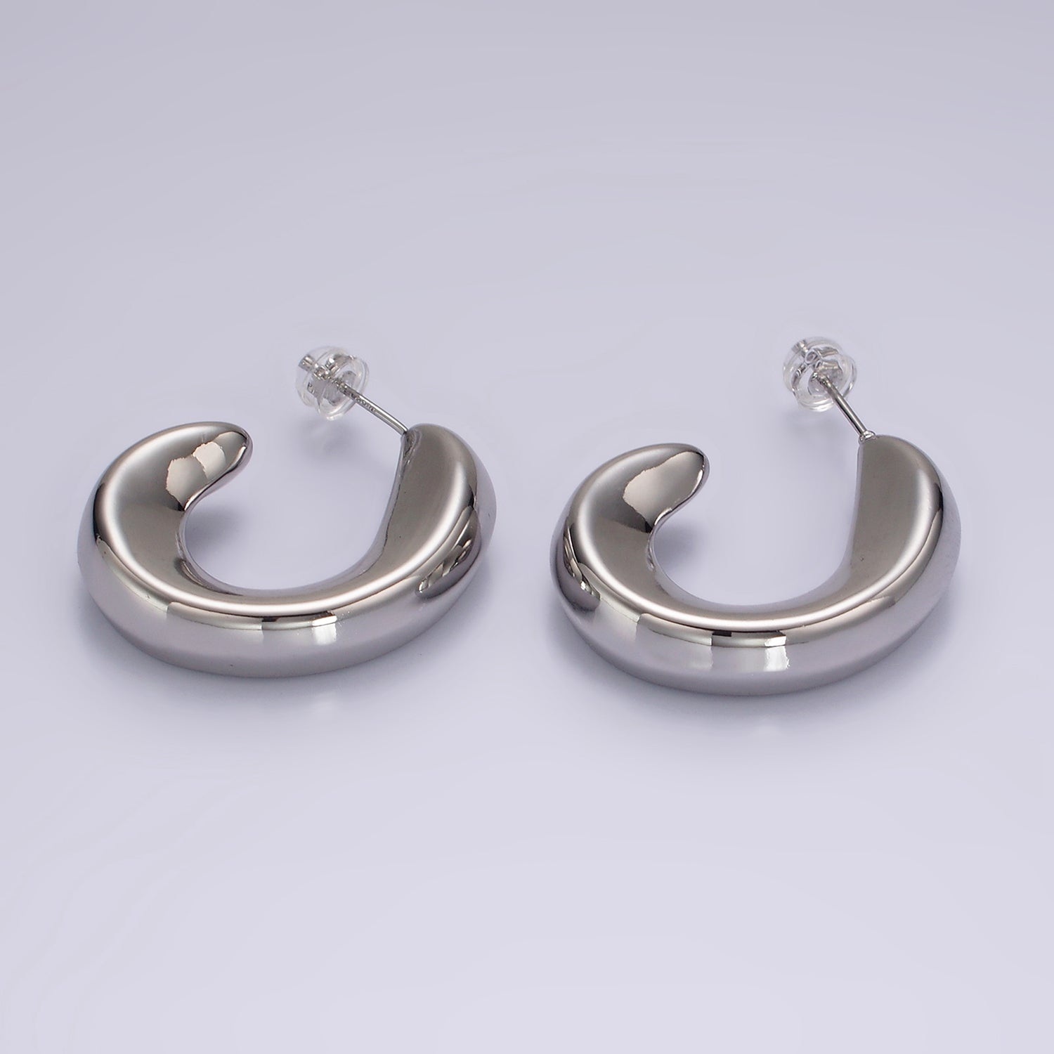 Rhodium Plated 30mm Edged Minimalist J-Shaped Hoop Earrings | AE364