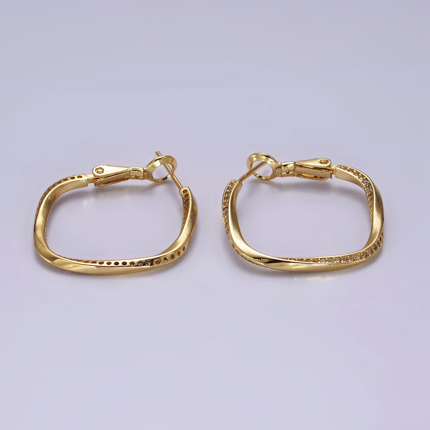 14K Gold Filled 25mm Micro Paved CZ Edged Rhombus Hinge Hoop Earrings | AE376