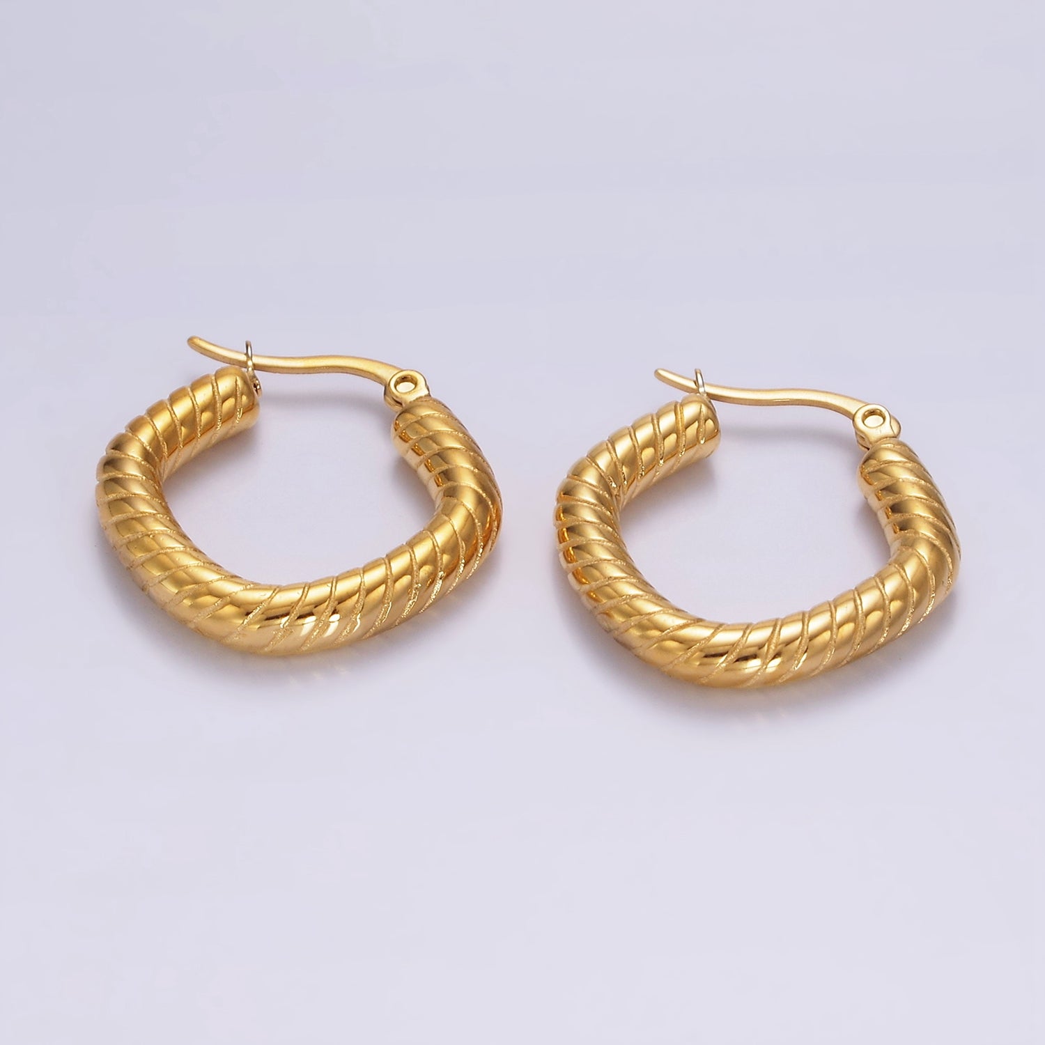 Stainless Steel 25mm Line-Textured Rhombus Latch Hoop Earrings | AE394