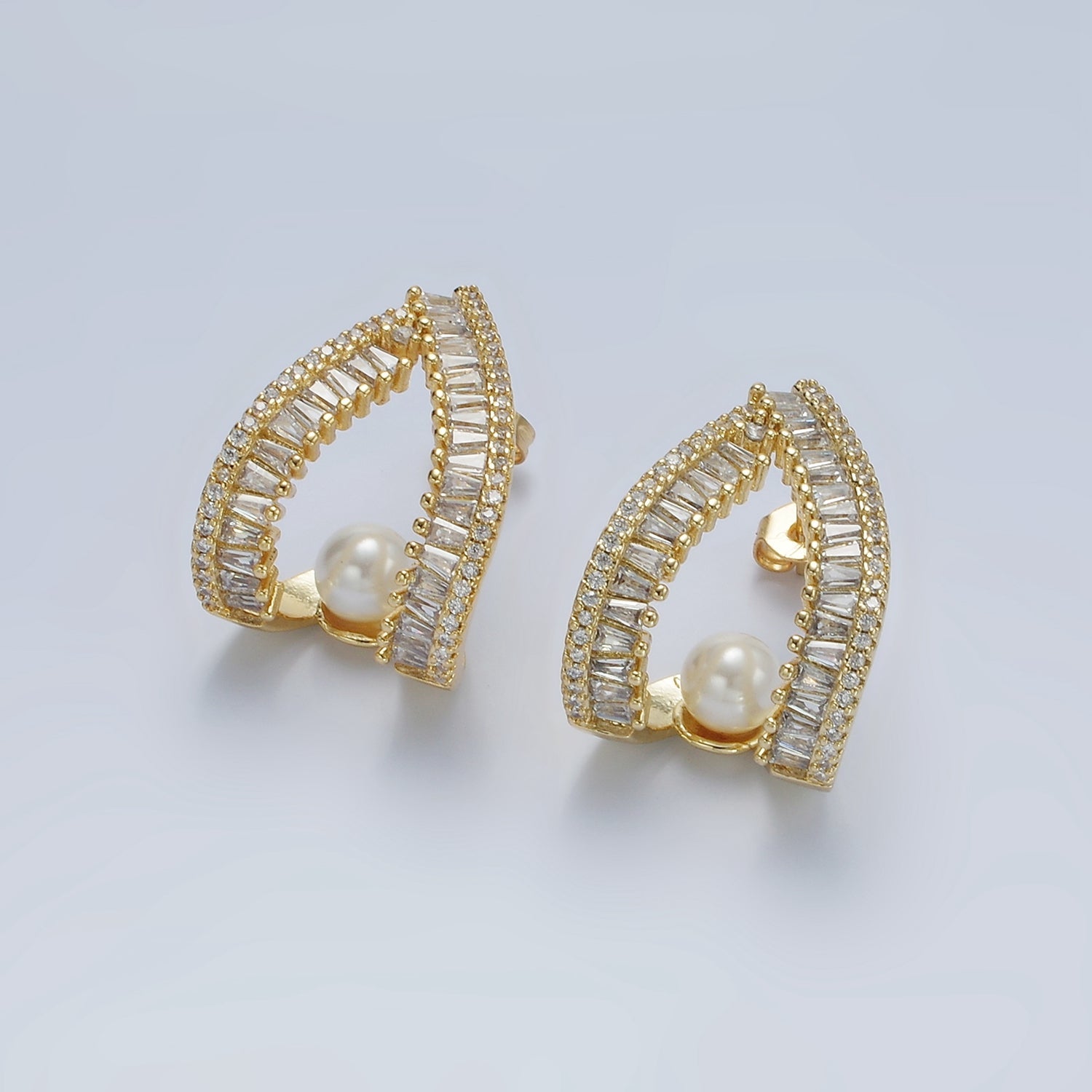 14K Gold Filled Pearl Baguette Micro Paved CZ Open Teardrop J-Shaped Hoop Earrings | AE419