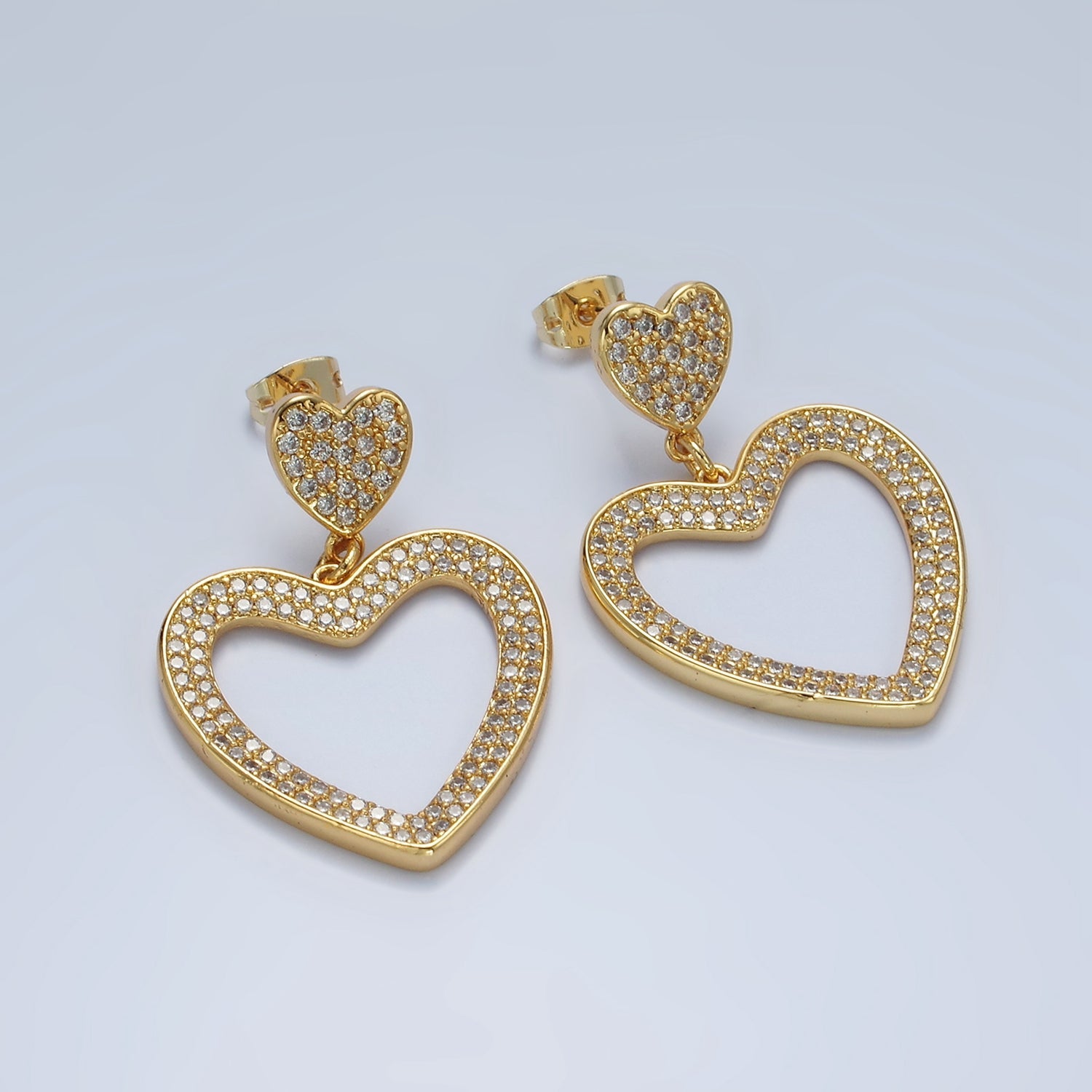 14K Gold Filled Double Heart Open Micro Paved CZ Drop Stud Earrings | AE422