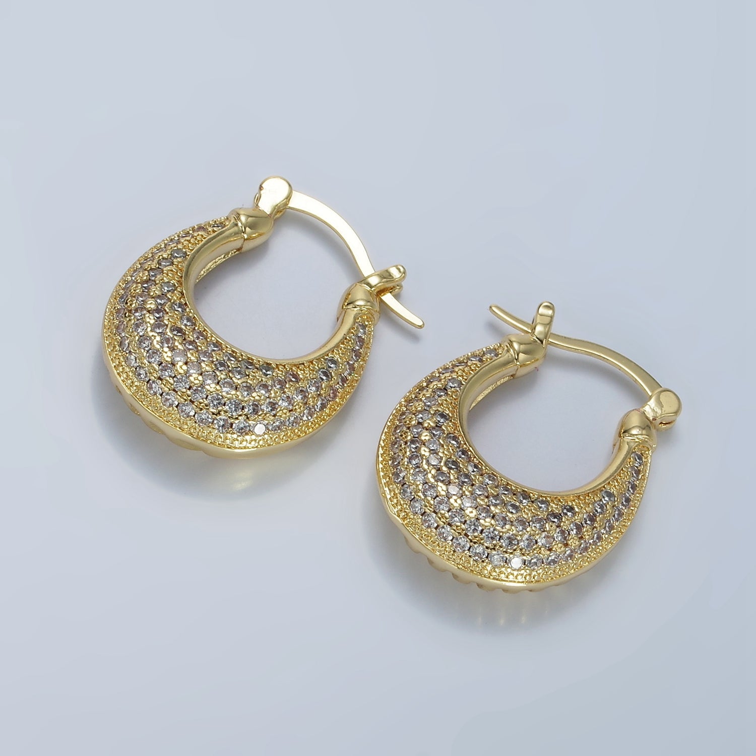 14K Gold Filled 25mm Micro Paved CZ Lined Open Double Sided U-Shaped Dome Latch Earrings | AE423