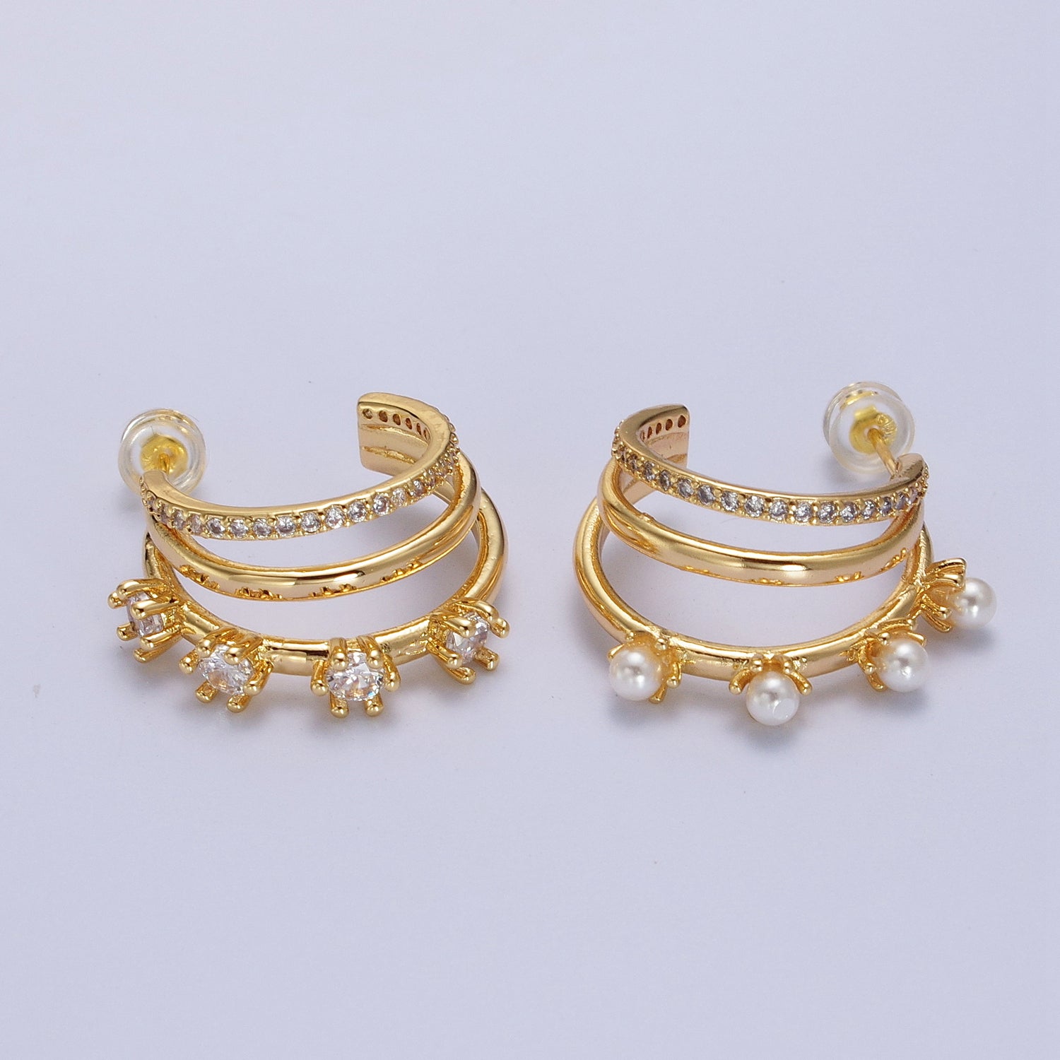 Mismatched Earrings Pearl with 16K Gold Filled Triple Hoop Earring Clear Micro Pave Earring  C-Shaped Geometric Hoop Earrings | AE-544 - DLUXCA