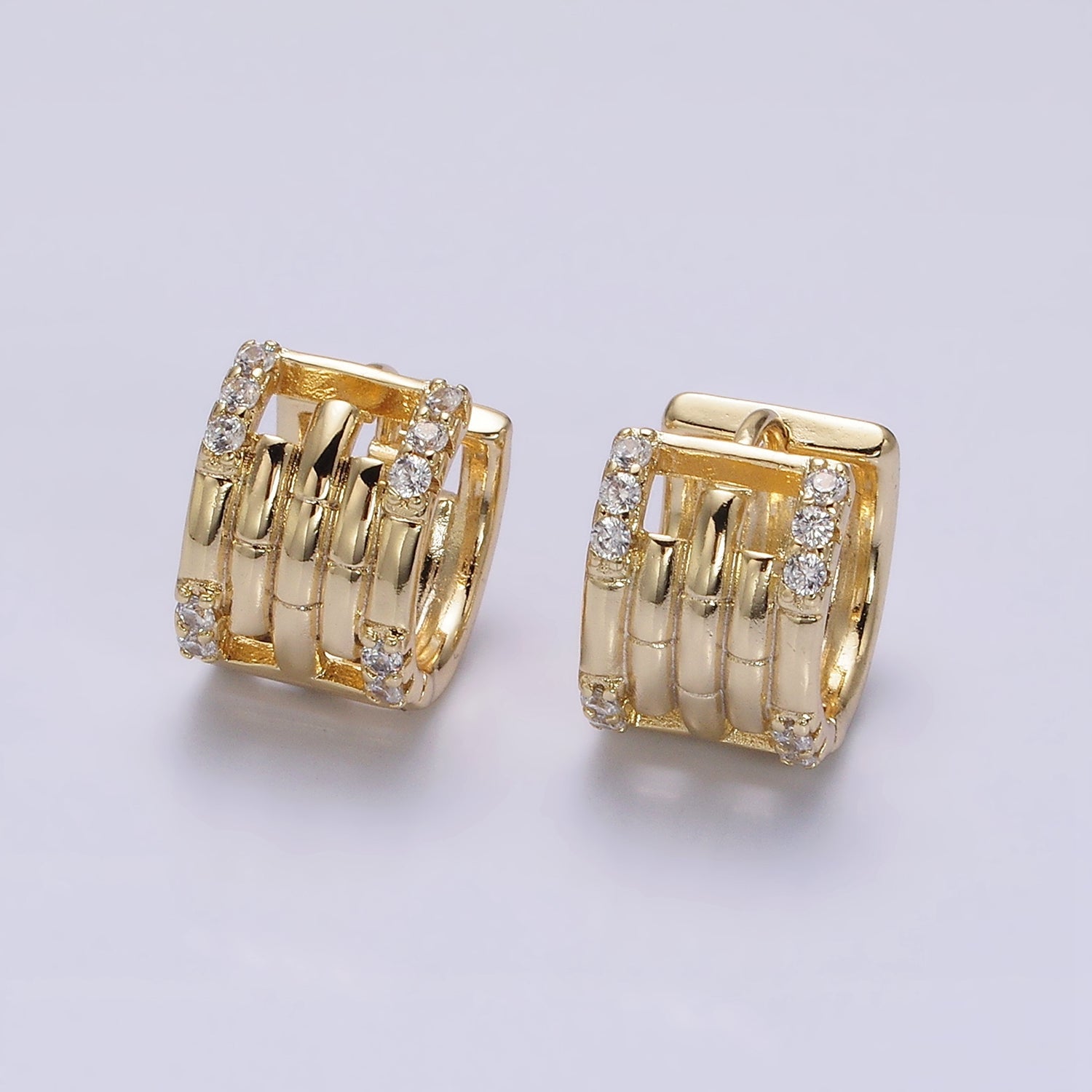 14K Gold Filled Clear Micro Paved Lined Multiple Band Bamboo Wide 14mm Huggie Earrings | AE549 - DLUXCA