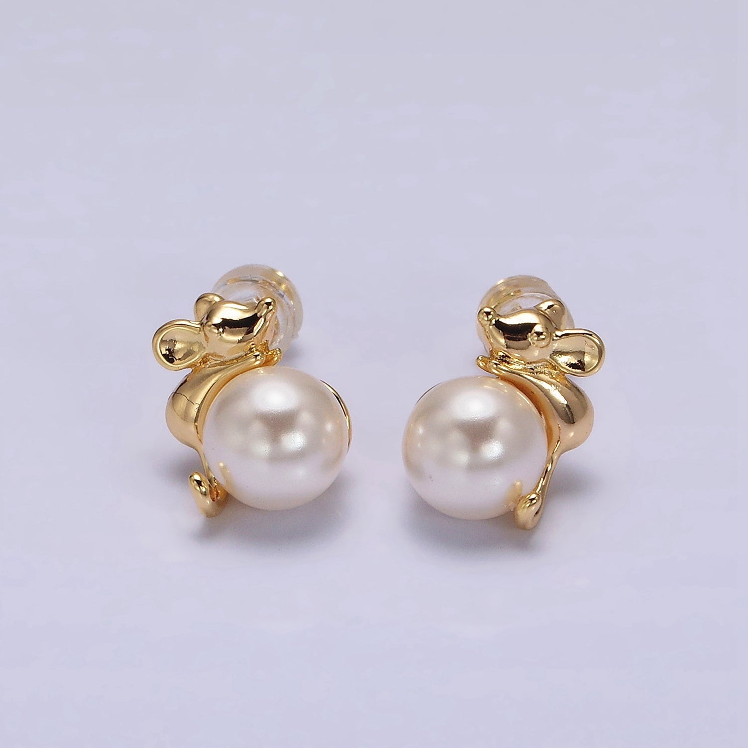 16K Gold Filled Round White Pearl Mouse Mice Animal Stud Earrings in Gold & Silver | AE556 AE557