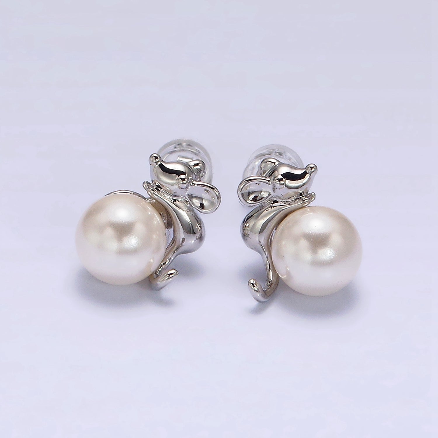 16K Gold Filled Round White Pearl Mouse Mice Animal Stud Earrings in Gold & Silver | AE556 AE557 - DLUXCA