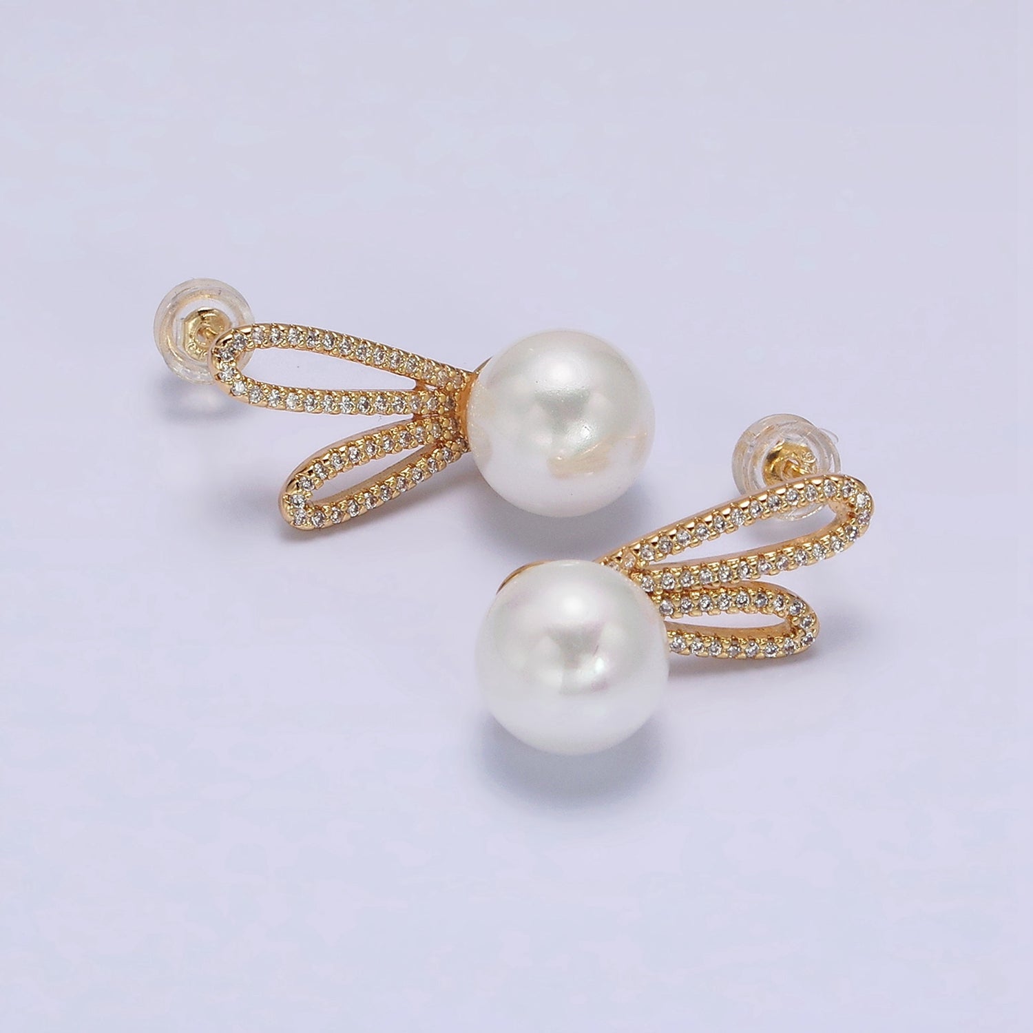 16K Gold Filled Round White Pearl Micro Paved CZ Bunny Rabbit Ears Stud Earrings in Gold & Silver | AE558 AE559 - DLUXCA