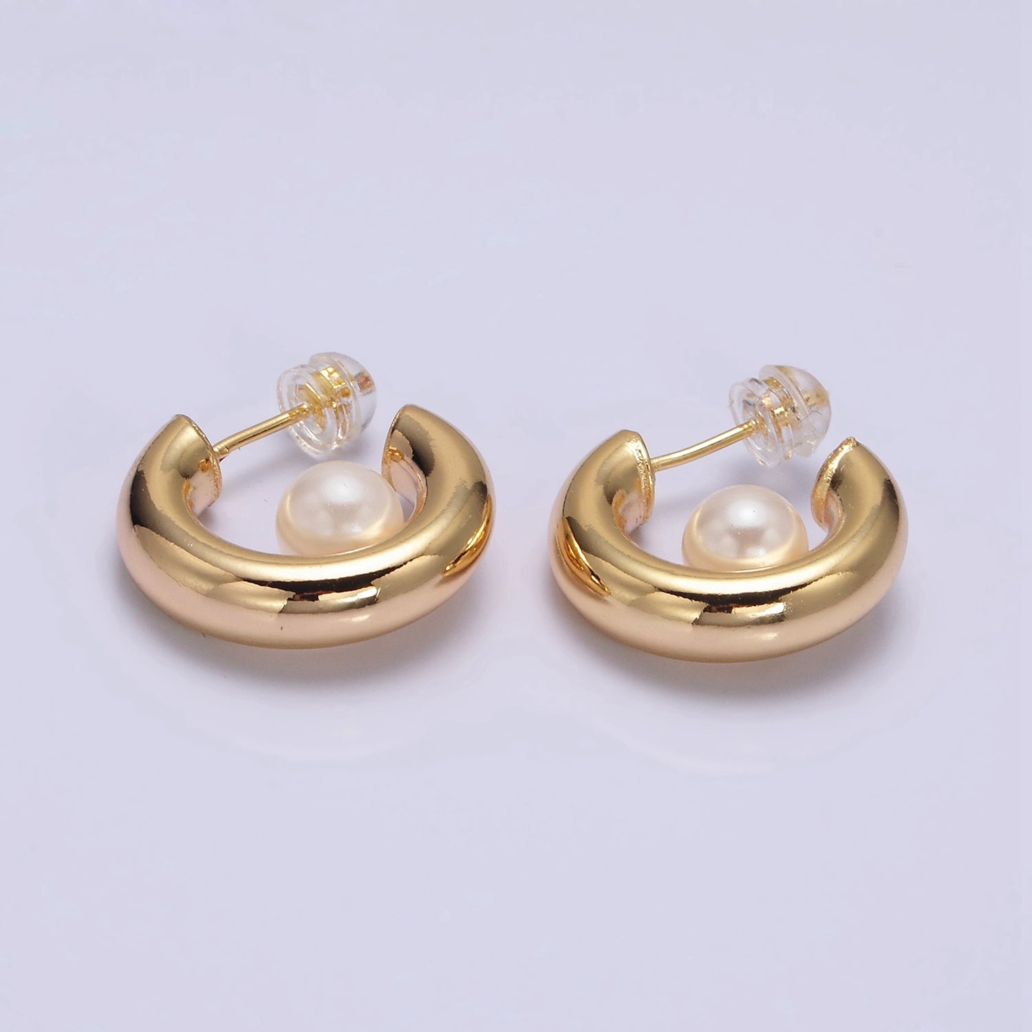 16K Gold Filled 20mm Chubby Round White Pearl C-Shaped Hoop Earrings in Gold & Silver | AE572 AE573 - DLUXCA