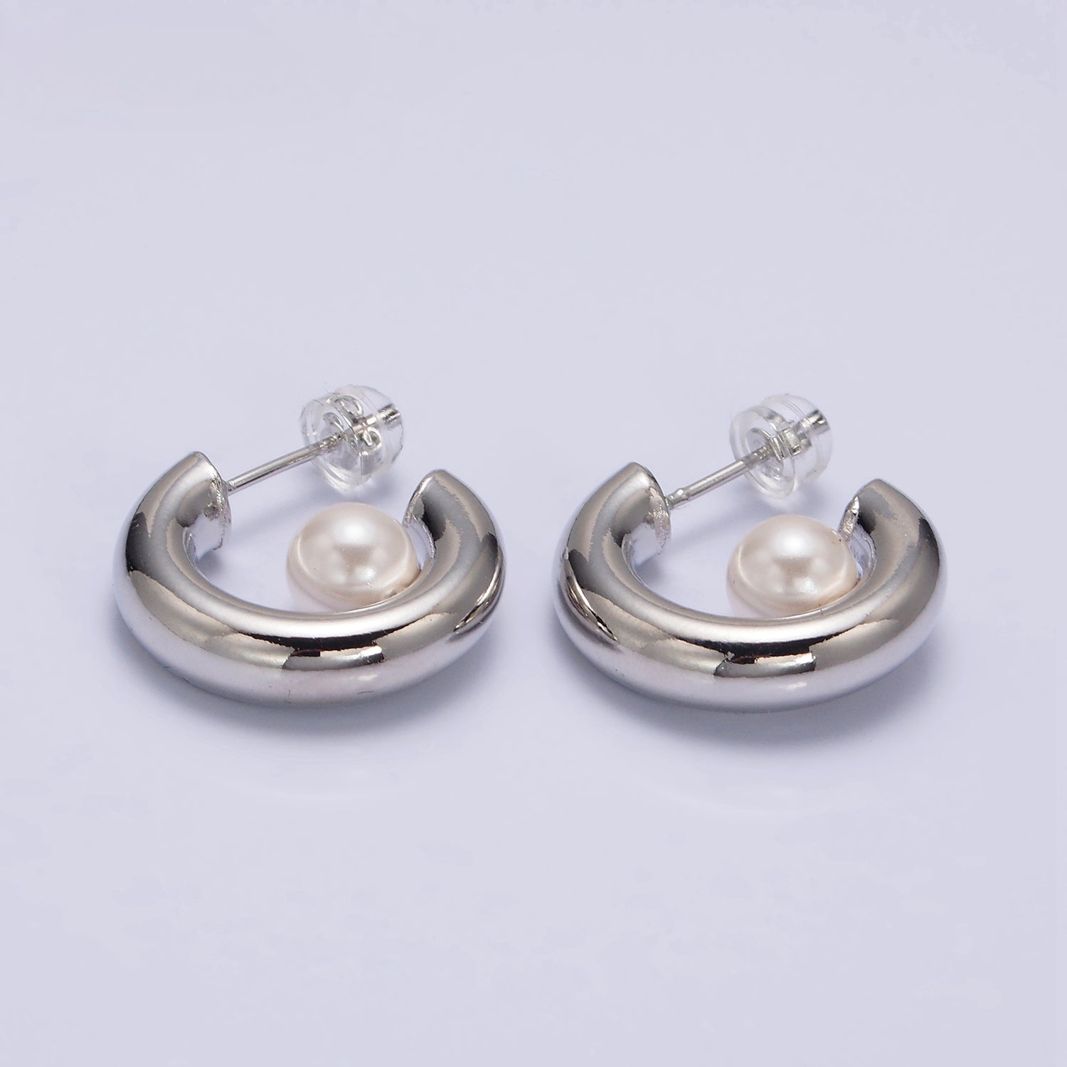 16K Gold Filled 20mm Chubby Round White Pearl C-Shaped Hoop Earrings in Gold & Silver | AE572 AE573 - DLUXCA