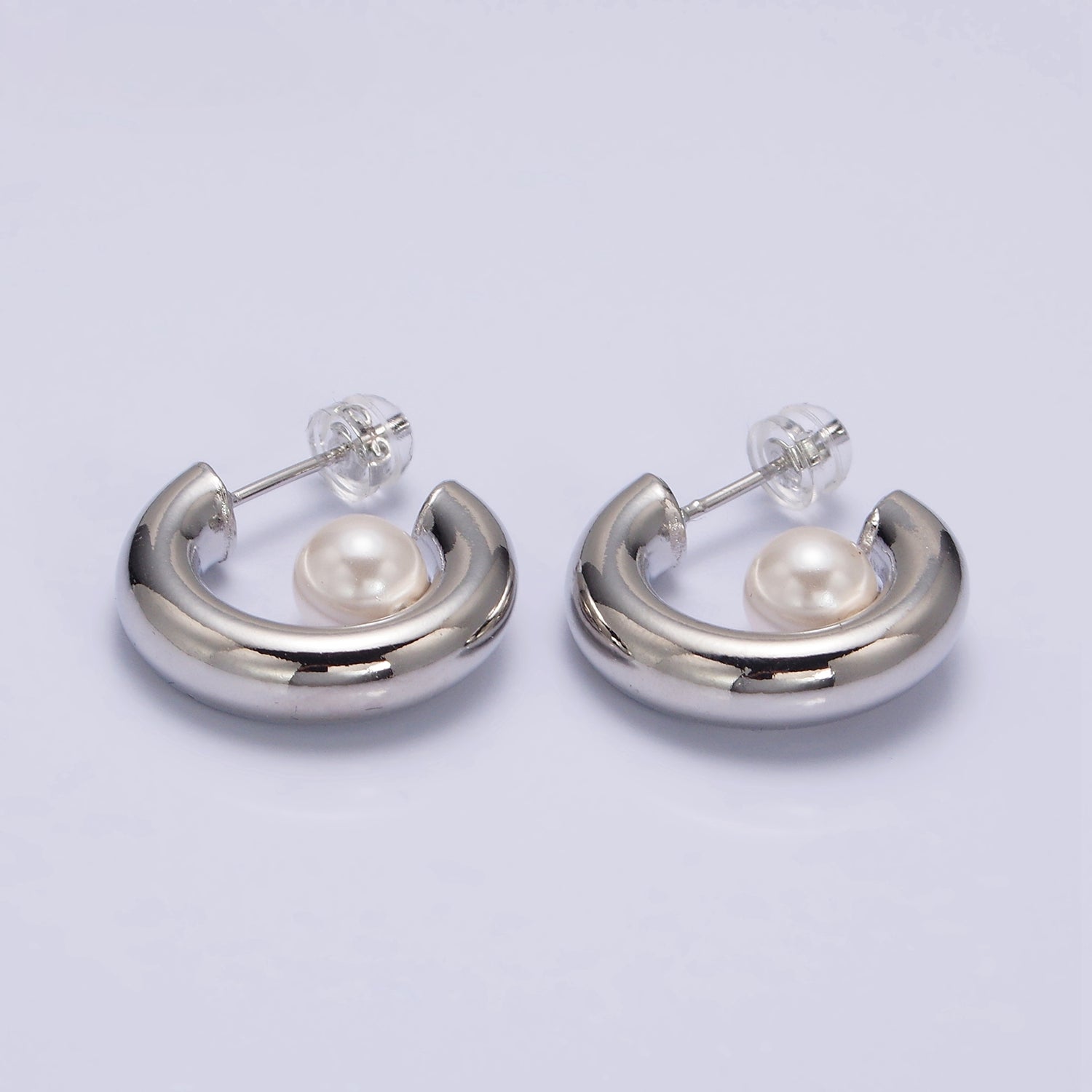 16K Gold Filled 20mm Chubby Round White Pearl C-Shaped Hoop Earrings in Gold & Silver | AE-572 AE-573