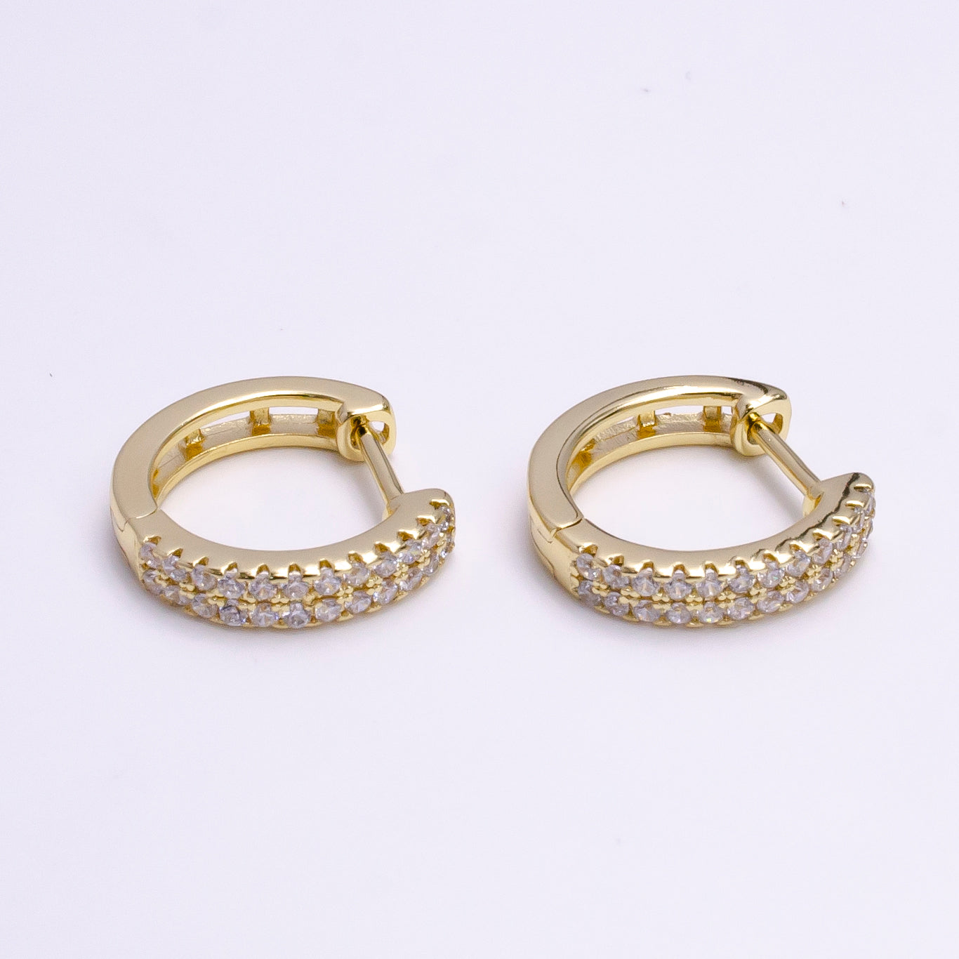 14K Gold Filled Double Clear Micro Paved Open 15mm Huggie Hoop Earrings in Gold & Silver | AE585 AE586 - DLUXCA