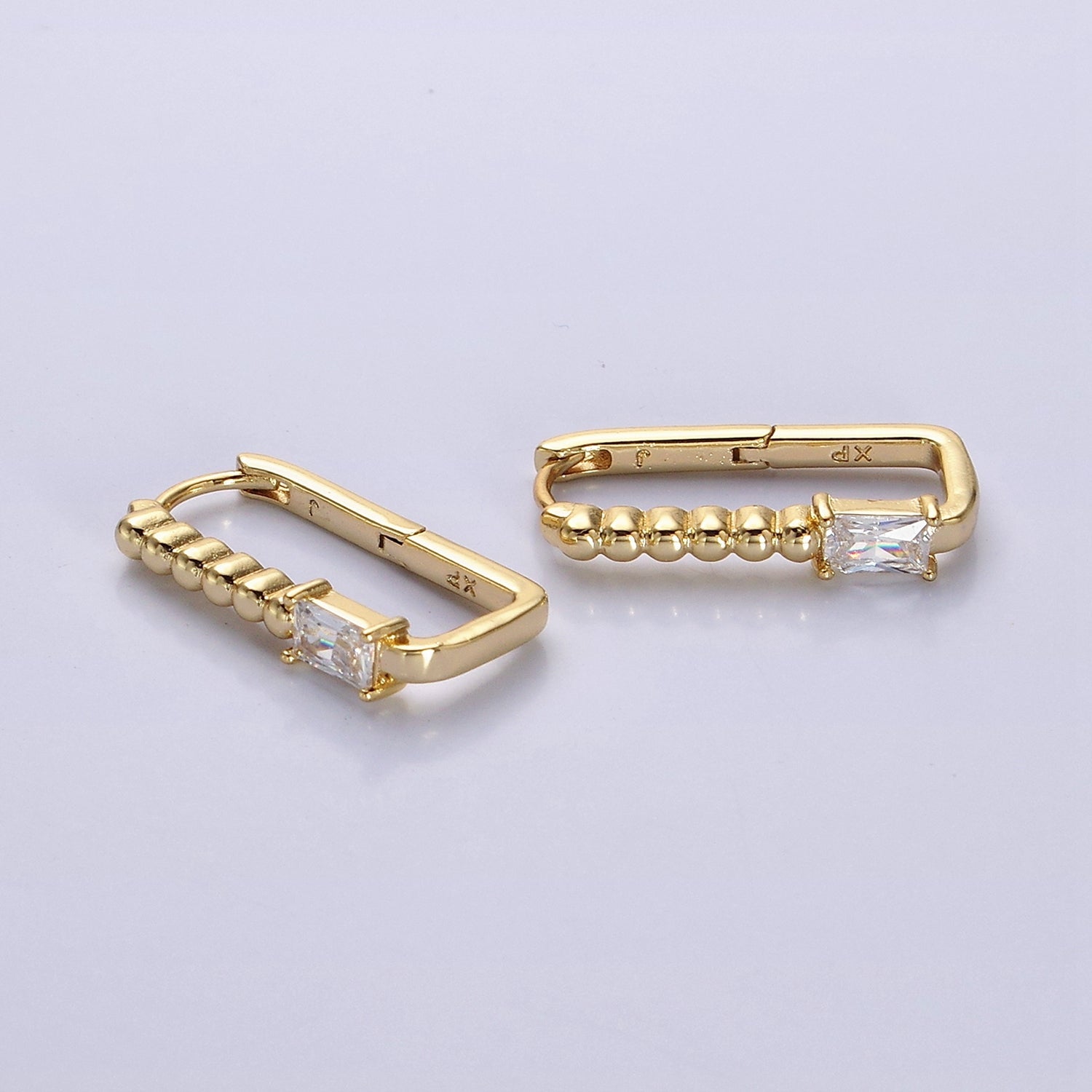 14K Gold Filled Clear Baguette CZ Round Beaded Oblong Hoop Earrings | AE587 - DLUXCA