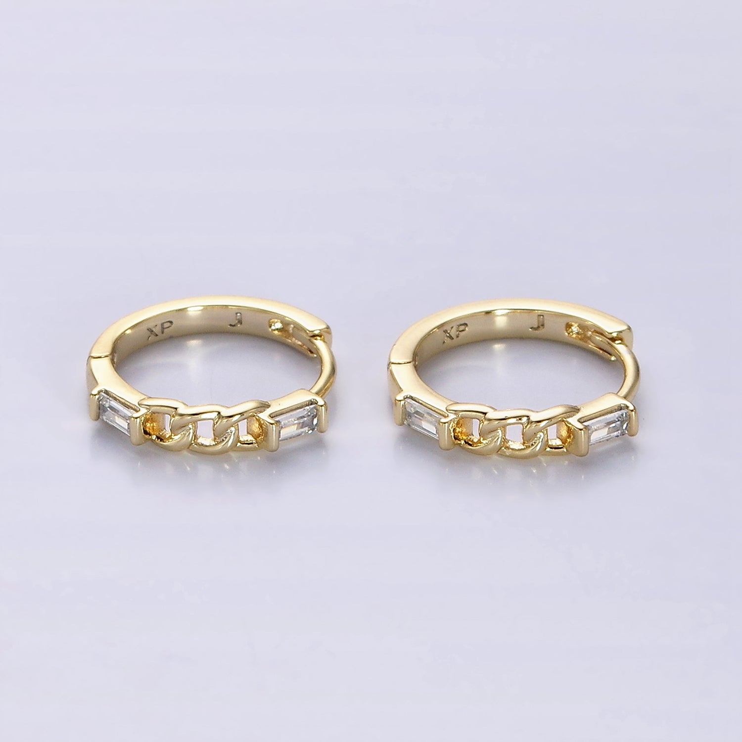 14K Gold Filled 14mm Double Baguette Curb Link Huggie Earrings | AE588 - DLUXCA