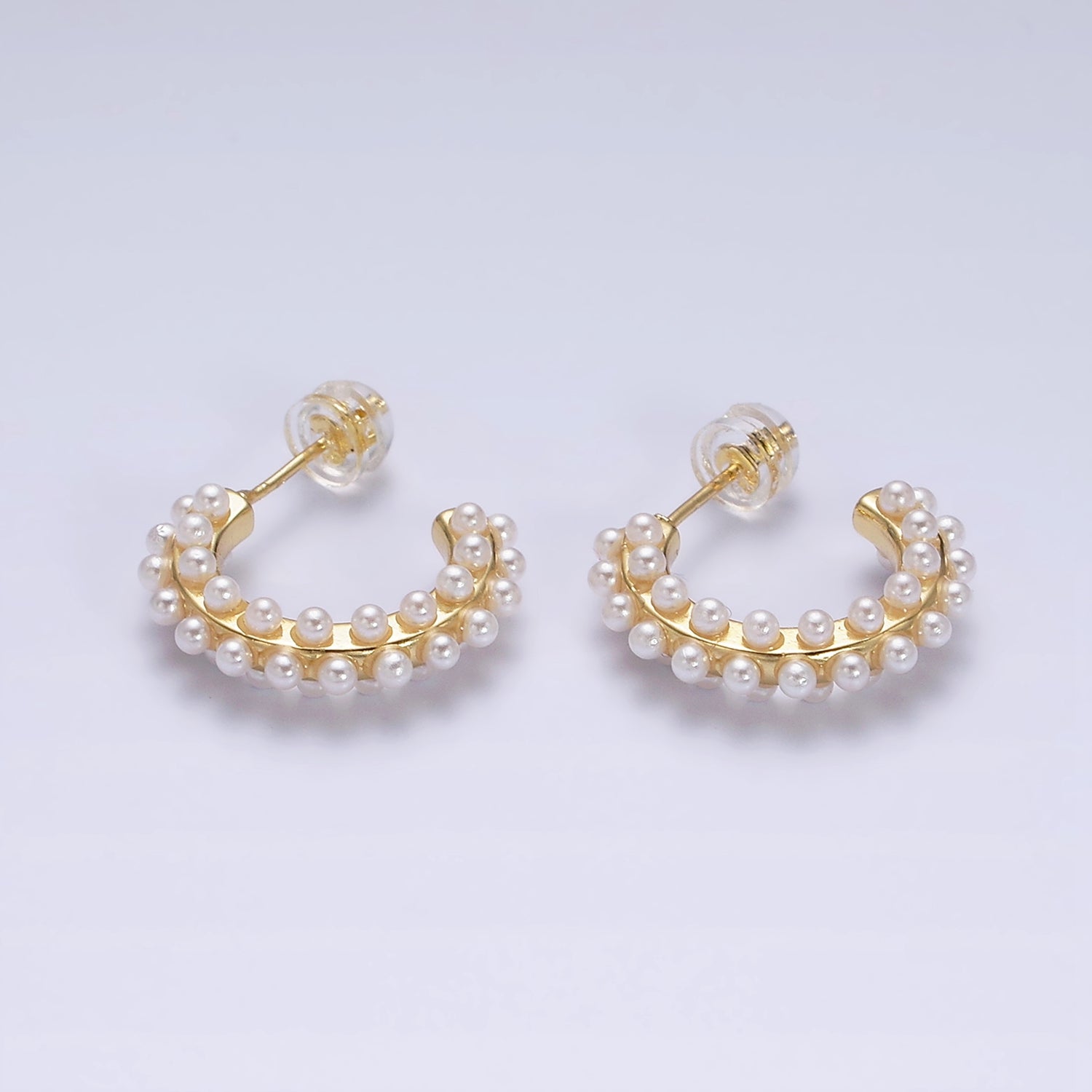 16K Gold Filled Round White Pearl Dotted C-Shaped Hoop Earrings in Gold & Silver | AE595 AE596