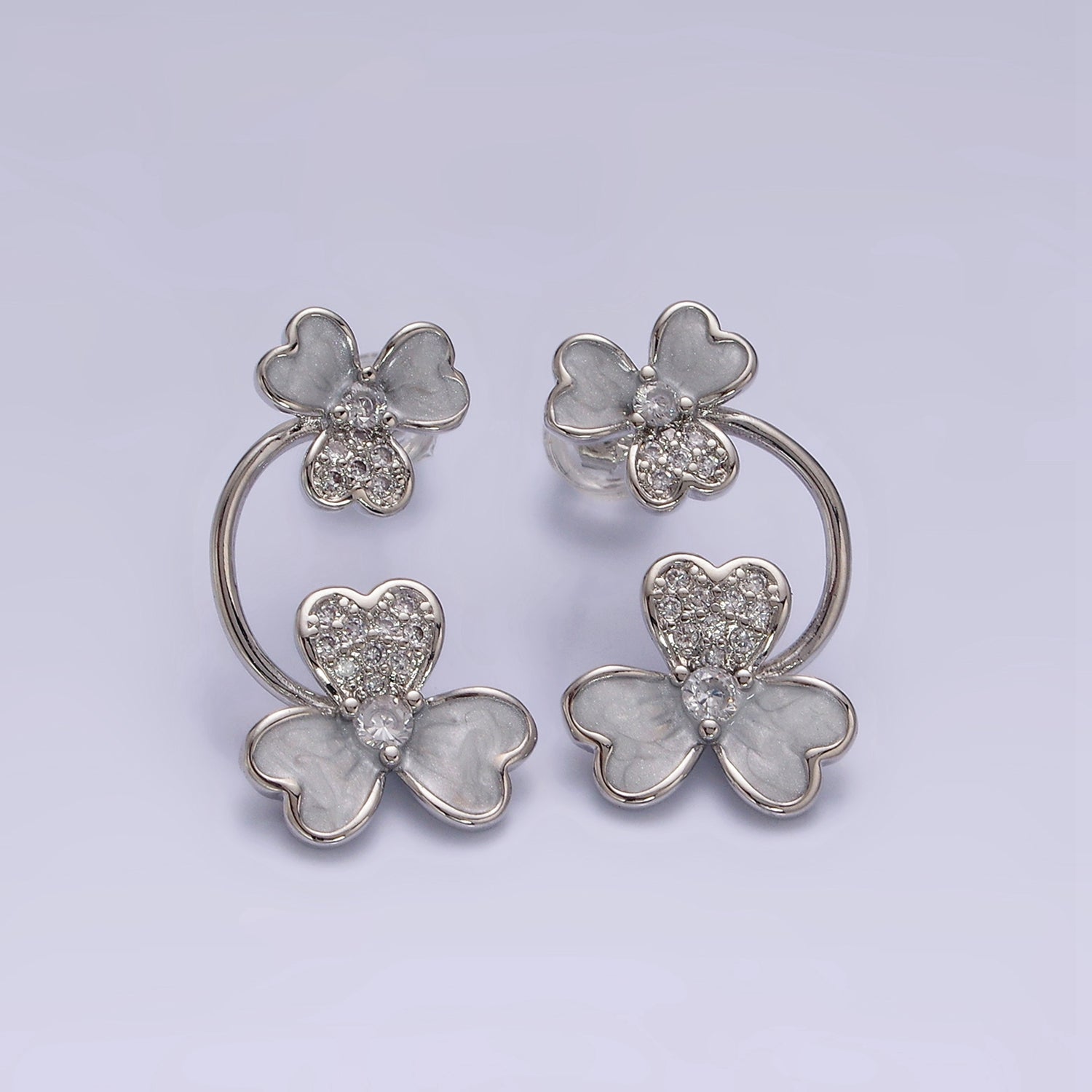 White Gold Filled Double Flower White, Purple Sparkly Enamel Micro Paved Stud Earrings | AE597 AE598