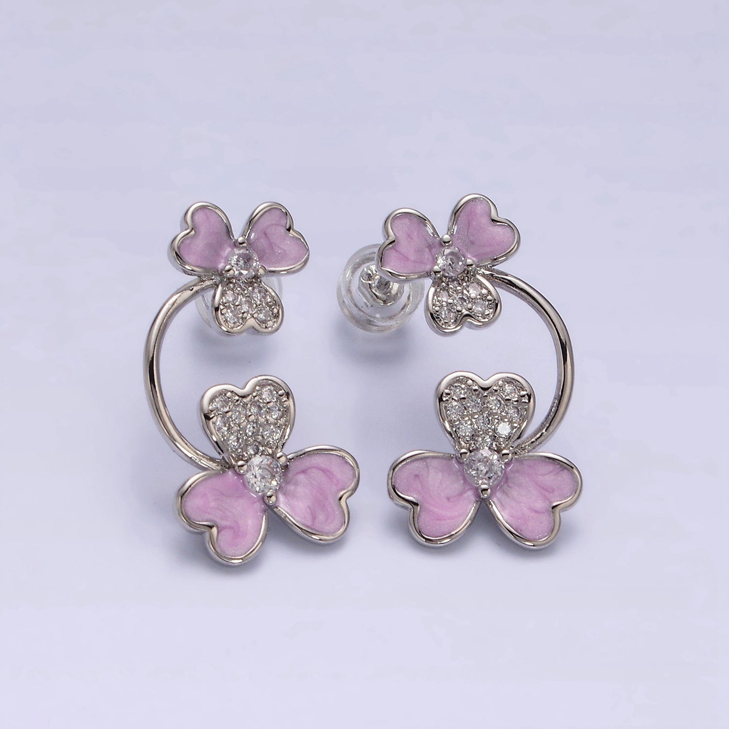 White Gold Filled Double Flower White, Purple Sparkly Enamel Micro Paved Stud Earrings | AE597 AE598