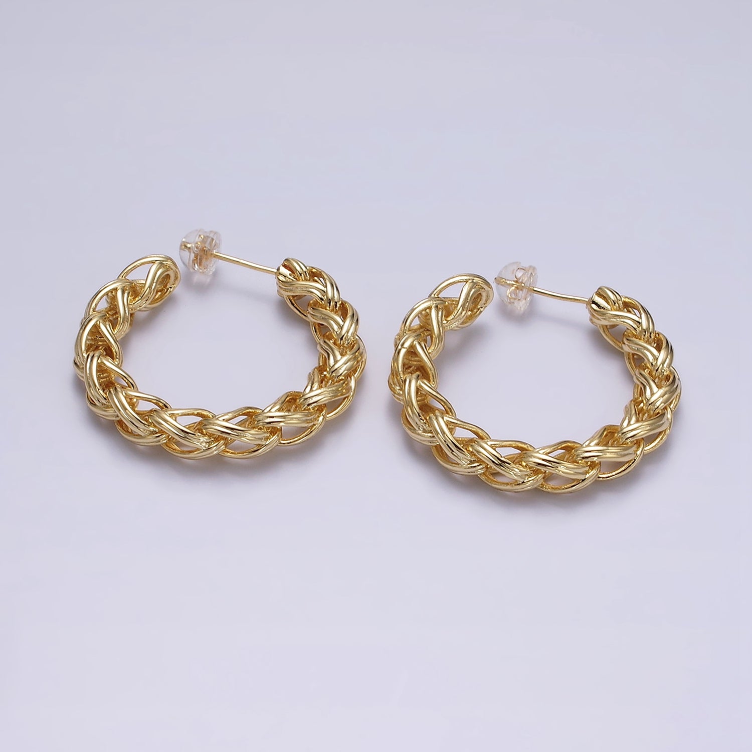 24K Gold Filled 35mm Braided Multiple Band C-Shaped Hoop Earrings in Gold & Silver | AE608 AE609