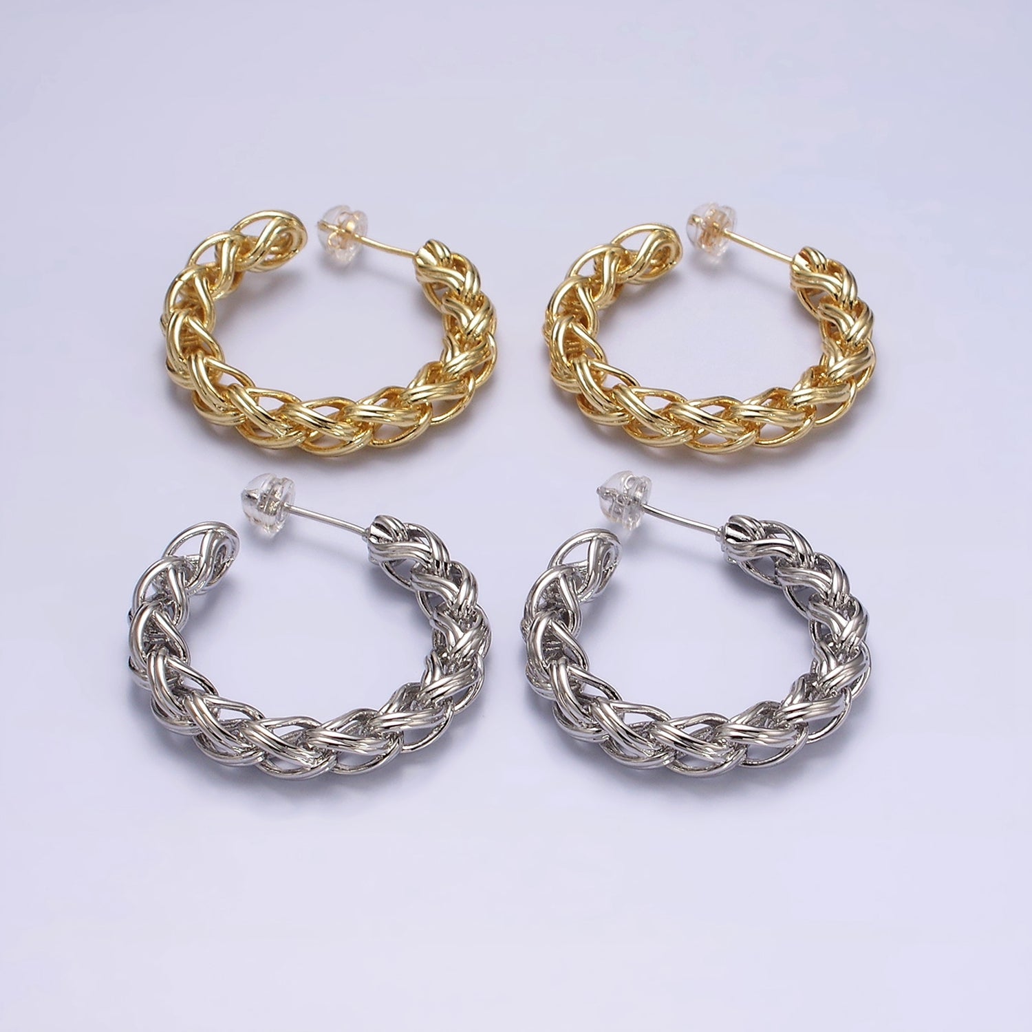 24K Gold Filled 35mm Braided Multiple Band C-Shaped Hoop Earrings in Gold & Silver | AE608 AE609 - DLUXCA