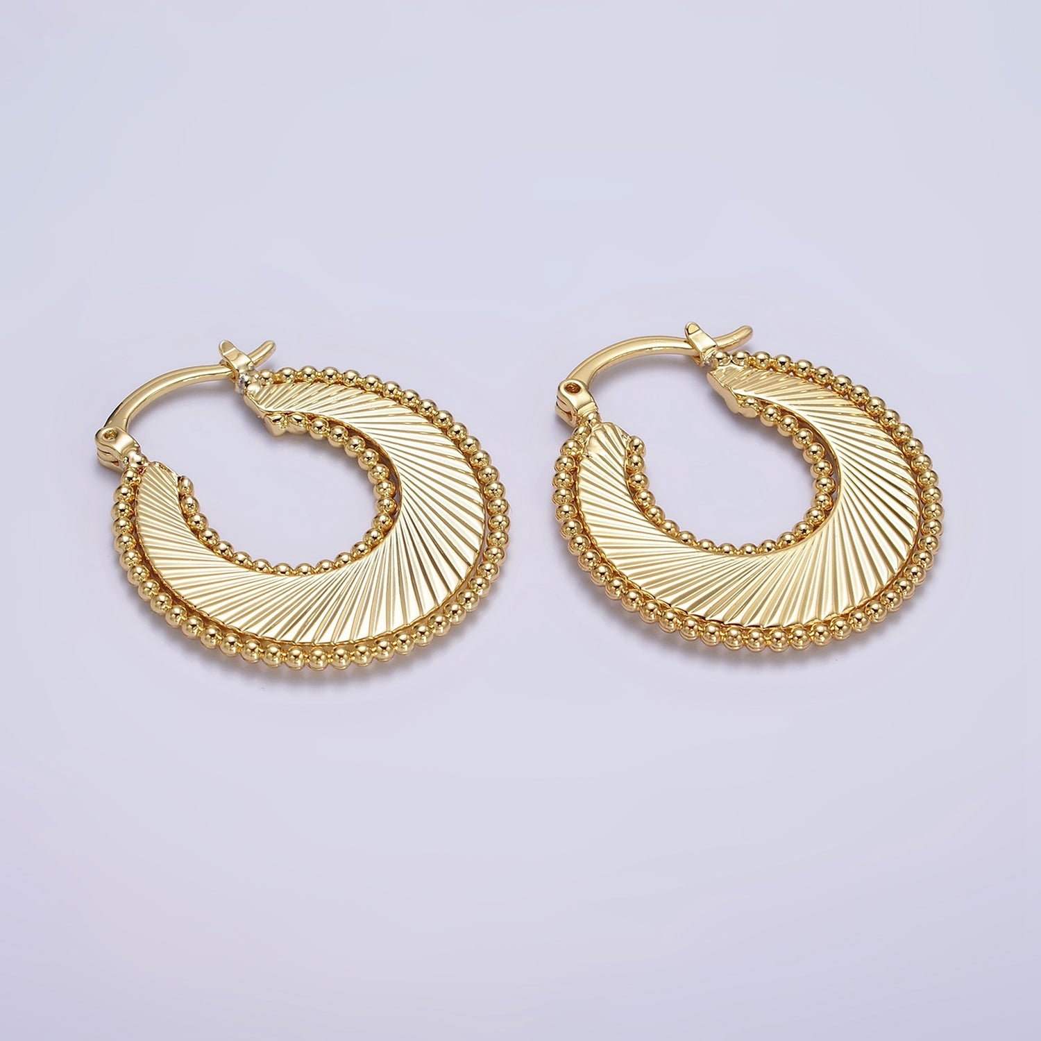 24K Gold Filled 30mm Spiral Line Beaded Bubble French Lock Latch Hoop Earrings in Gold & Silver | AE614 AE615 - DLUXCA