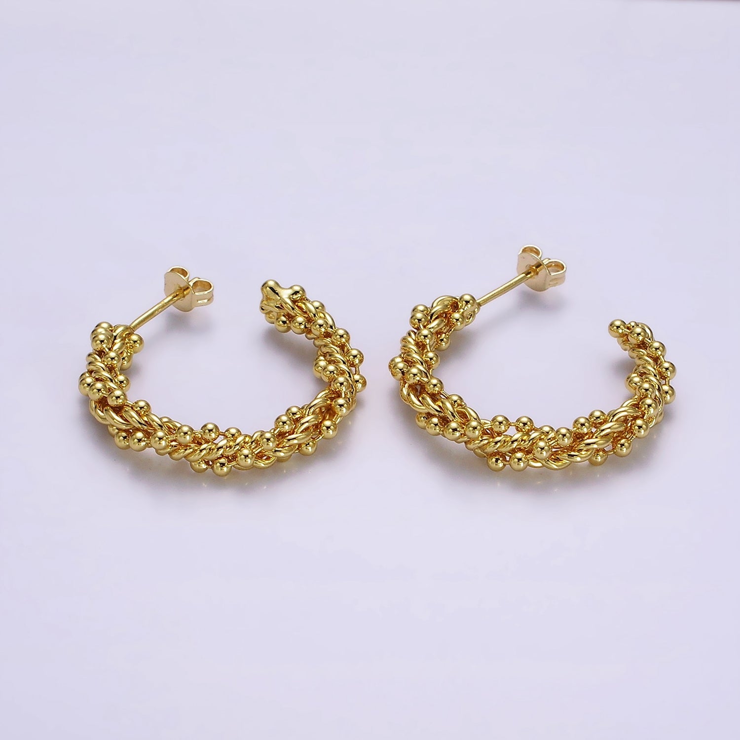 24K Gold Filled 30mm Beaded Bubble Croissant Twist C-Shaped Hoop Earrings | AE616 - DLUXCA