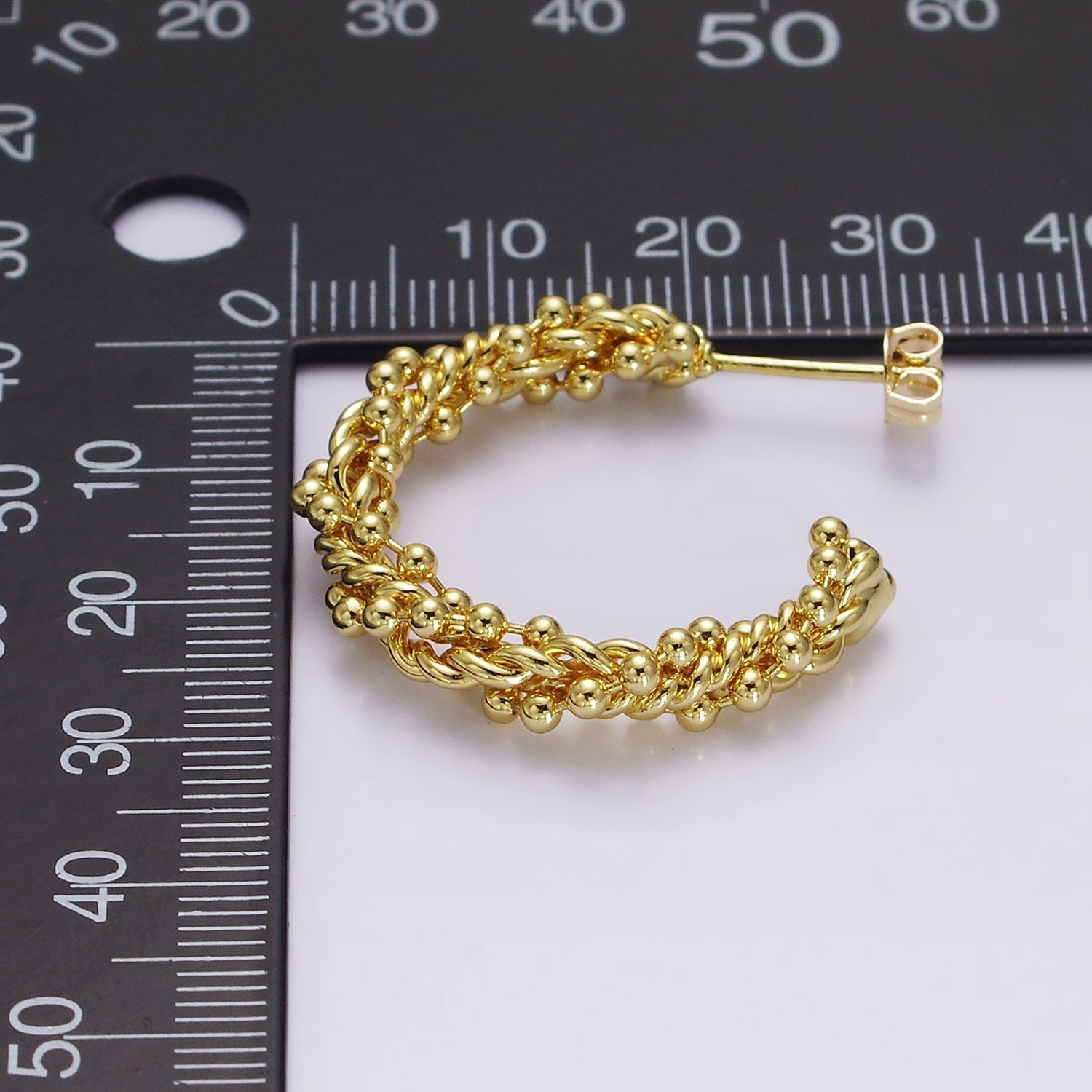 24K Gold Filled 30mm Beaded Bubble Croissant Twist C-Shaped Hoop Earrings | AE616 - DLUXCA