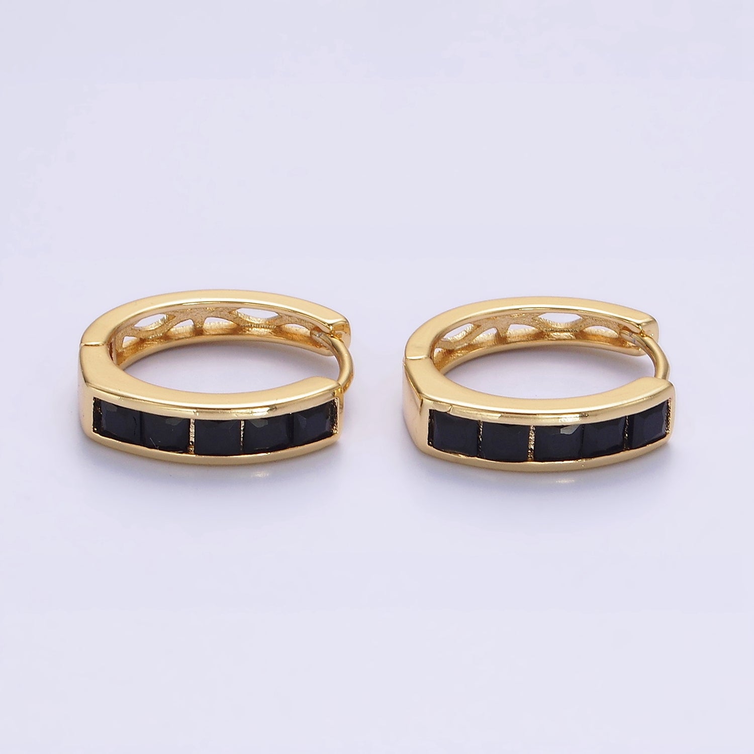 14K Gold Filled Clear, Black Square Baguette CZ Lined Oval Huggie | AE630 AE631