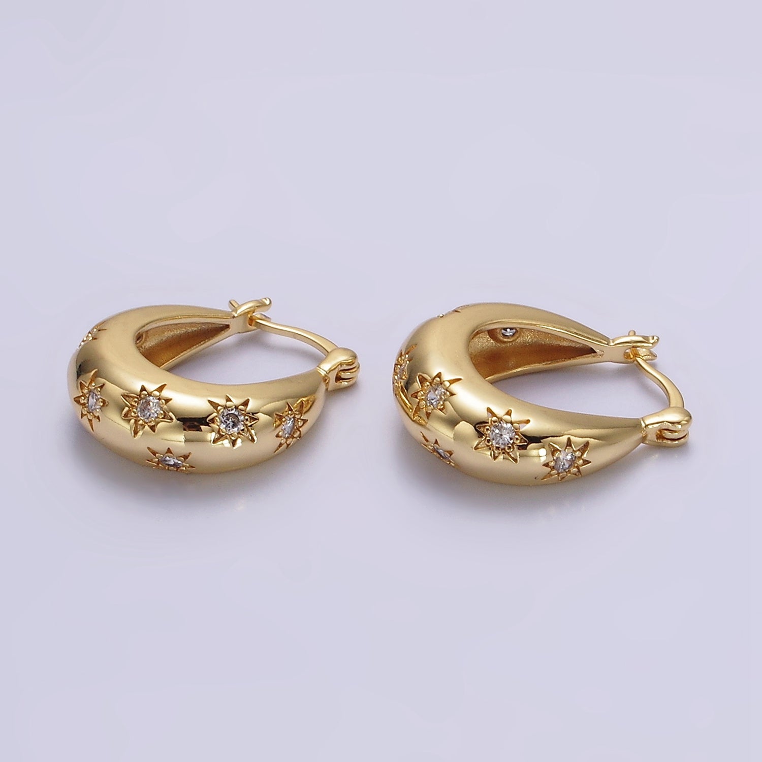 16K Gold Filled Oblong Dome Celestial Stars CZ French Lock Latch Hoop Earrings | AE634 - DLUXCA