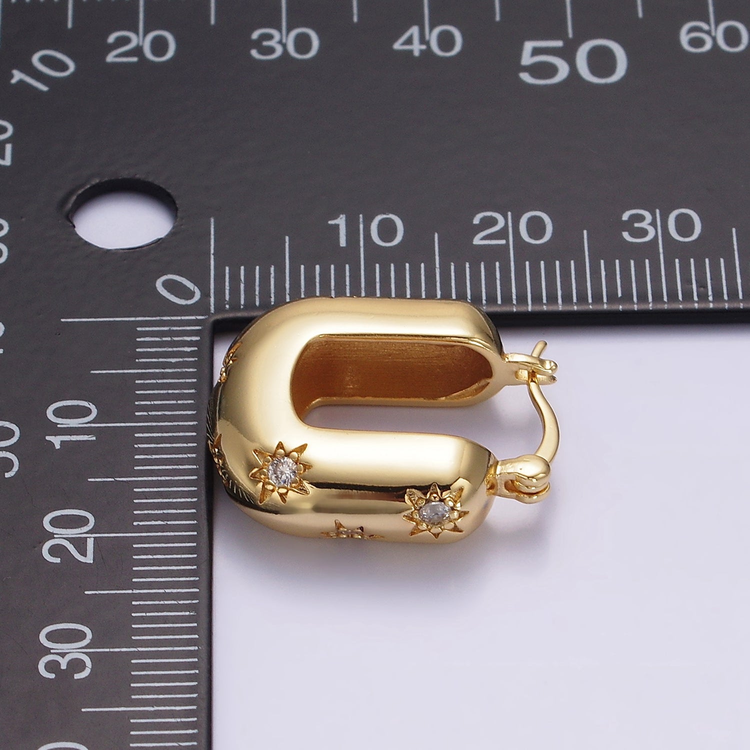 16K Gold Filled U-Shaped Dome Celestial Stars CZ French Lock Latch Hoop Earrings | AE636 - DLUXCA