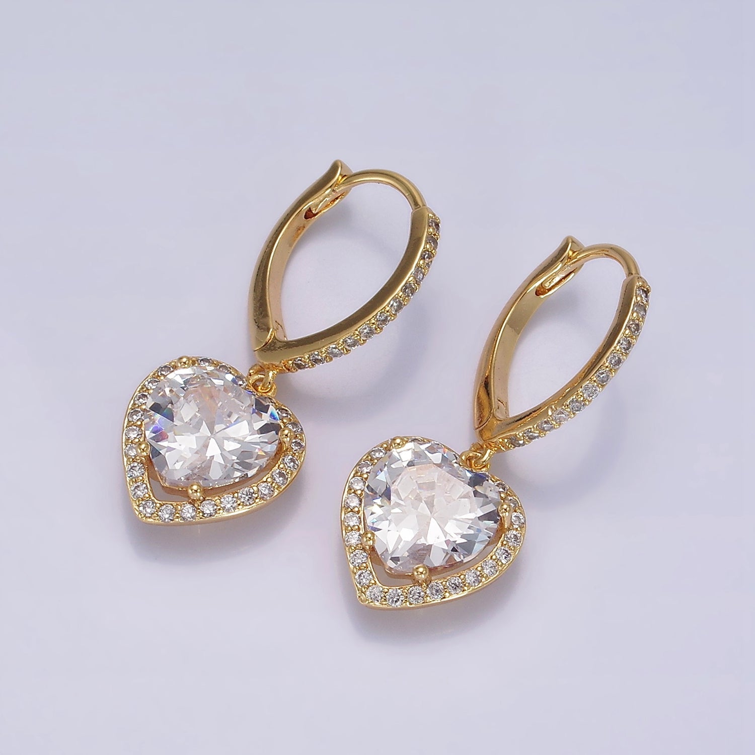 16K Gold Filled Clear, Pink Heart CZ Drop Micro Paved Triangle Hoop Earrings in Gold & Silver | AE637 - AE640 - DLUXCA