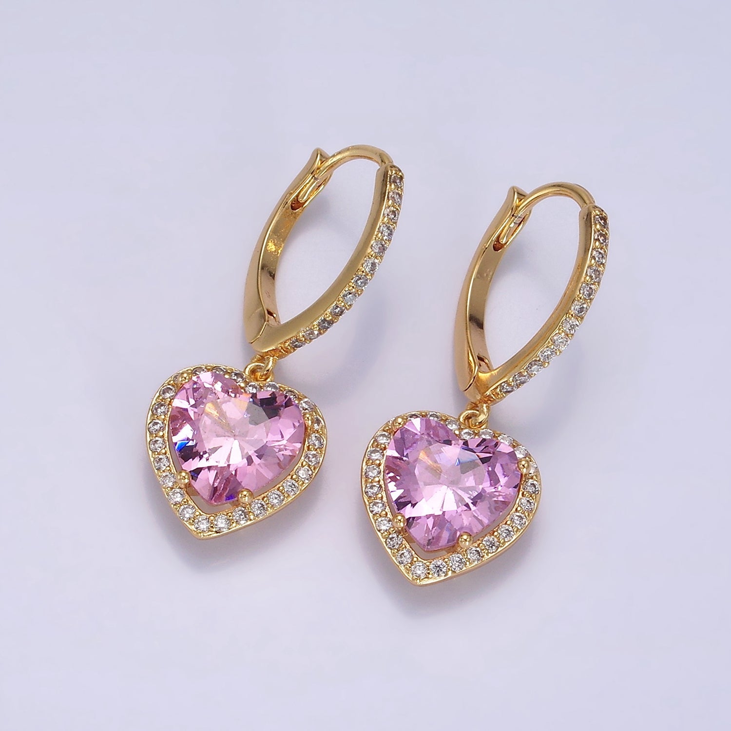 16K Gold Filled Clear, Pink Heart CZ Drop Micro Paved Triangle Hoop Earrings in Gold & Silver | AE637 - AE640 - DLUXCA