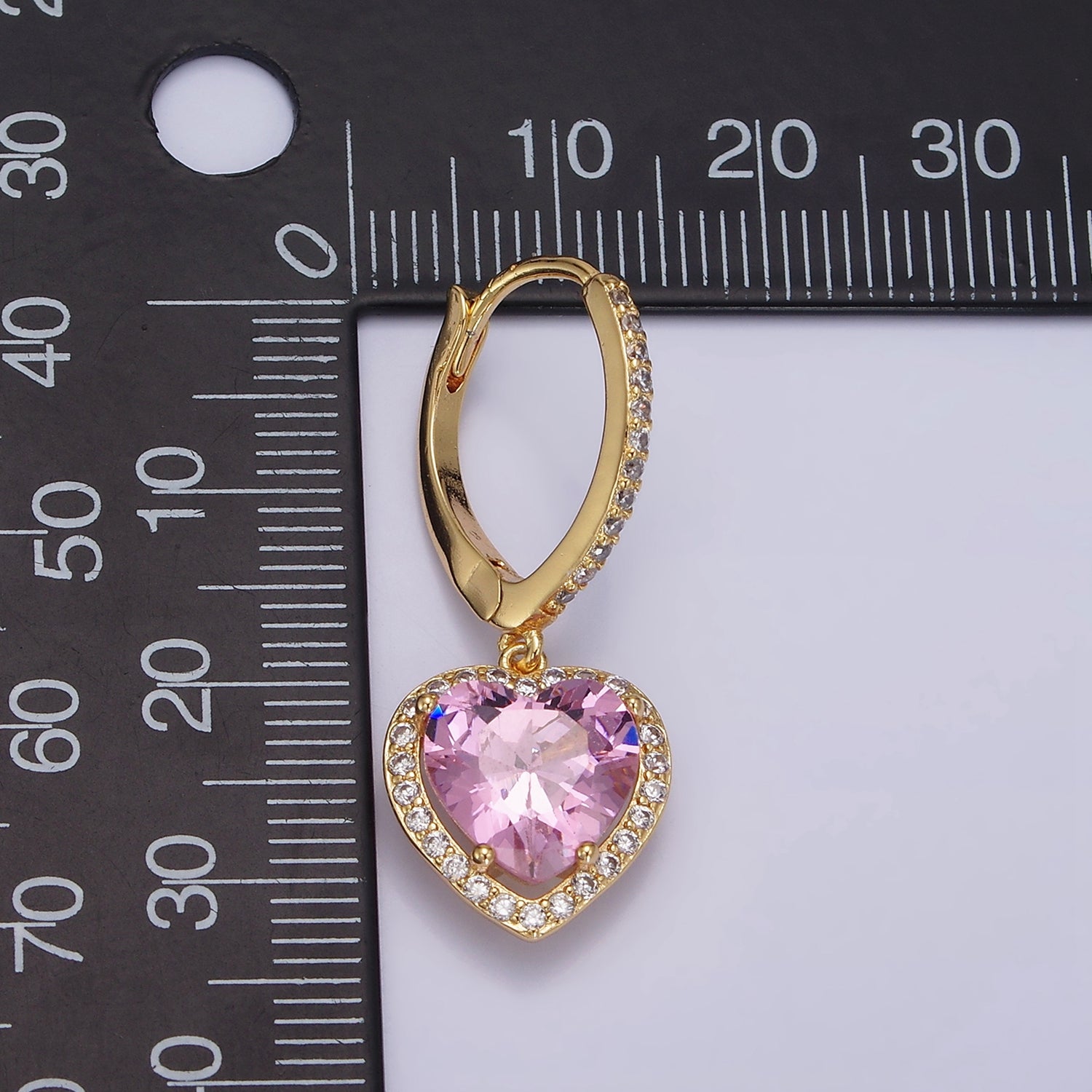 16K Gold Filled Clear, Pink Heart CZ Drop Micro Paved Triangle Hoop Earrings in Gold & Silver | AE637 - AE640 - DLUXCA