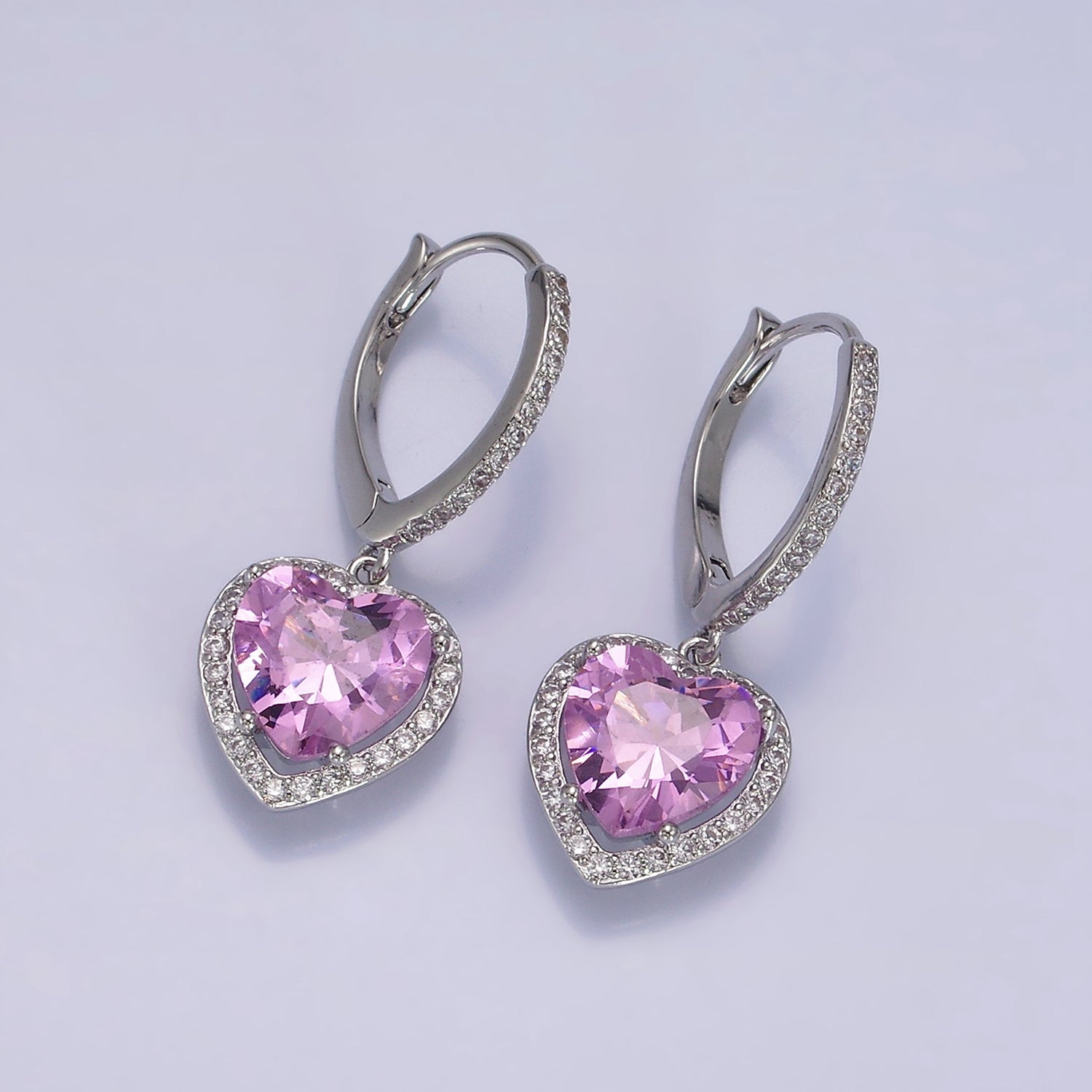 16K Gold Filled Clear, Pink Heart CZ Drop Micro Paved Triangle Hoop Earrings in Gold & Silver | AE637 - AE640 - DLUXCA