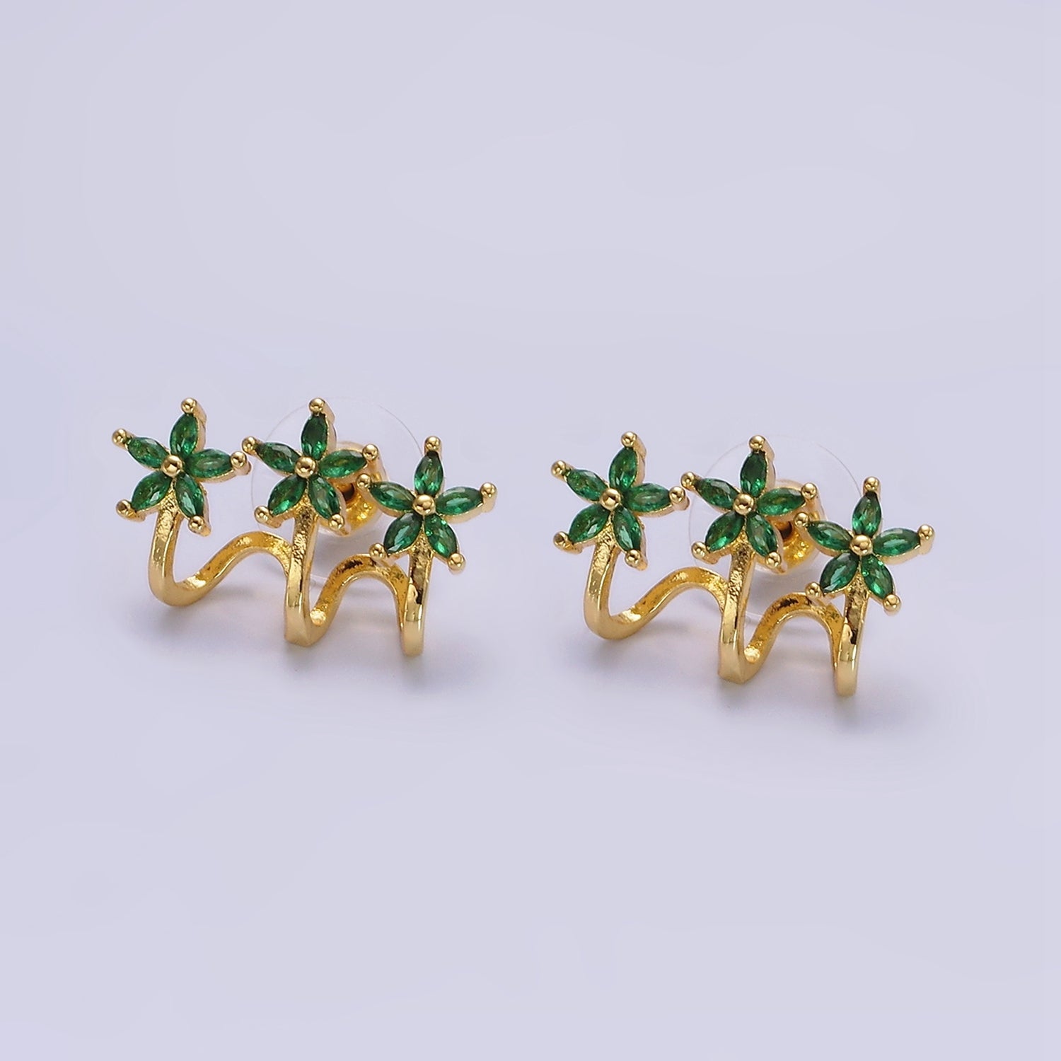 14K Gold Filled Green, Clear Fuchsia Marquise Flower Triple Ear Cuff Stud Earrings Set | AE641 - AE643 - DLUXCA