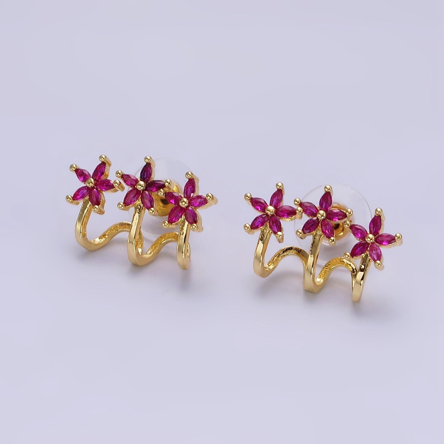 14K Gold Filled Green, Clear Fuchsia Marquise Flower Triple Ear Cuff Stud Earrings Set | AE641 - AE643 - DLUXCA