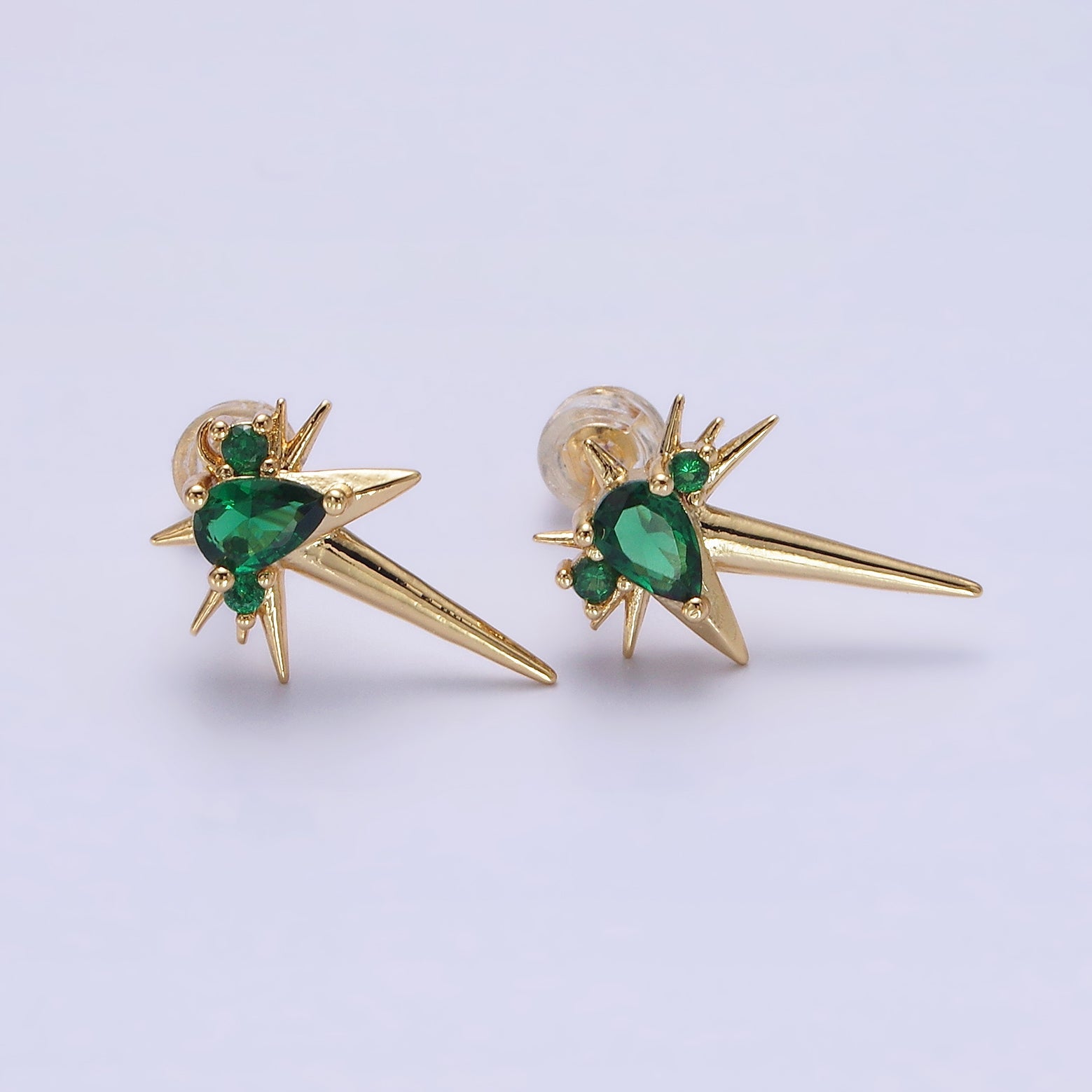 14K Gold Filled Green, Clear Teardrop CZ Spiked Celestial Star Stud Earrings in Gold & Silver | AE648 - AE651 - DLUXCA