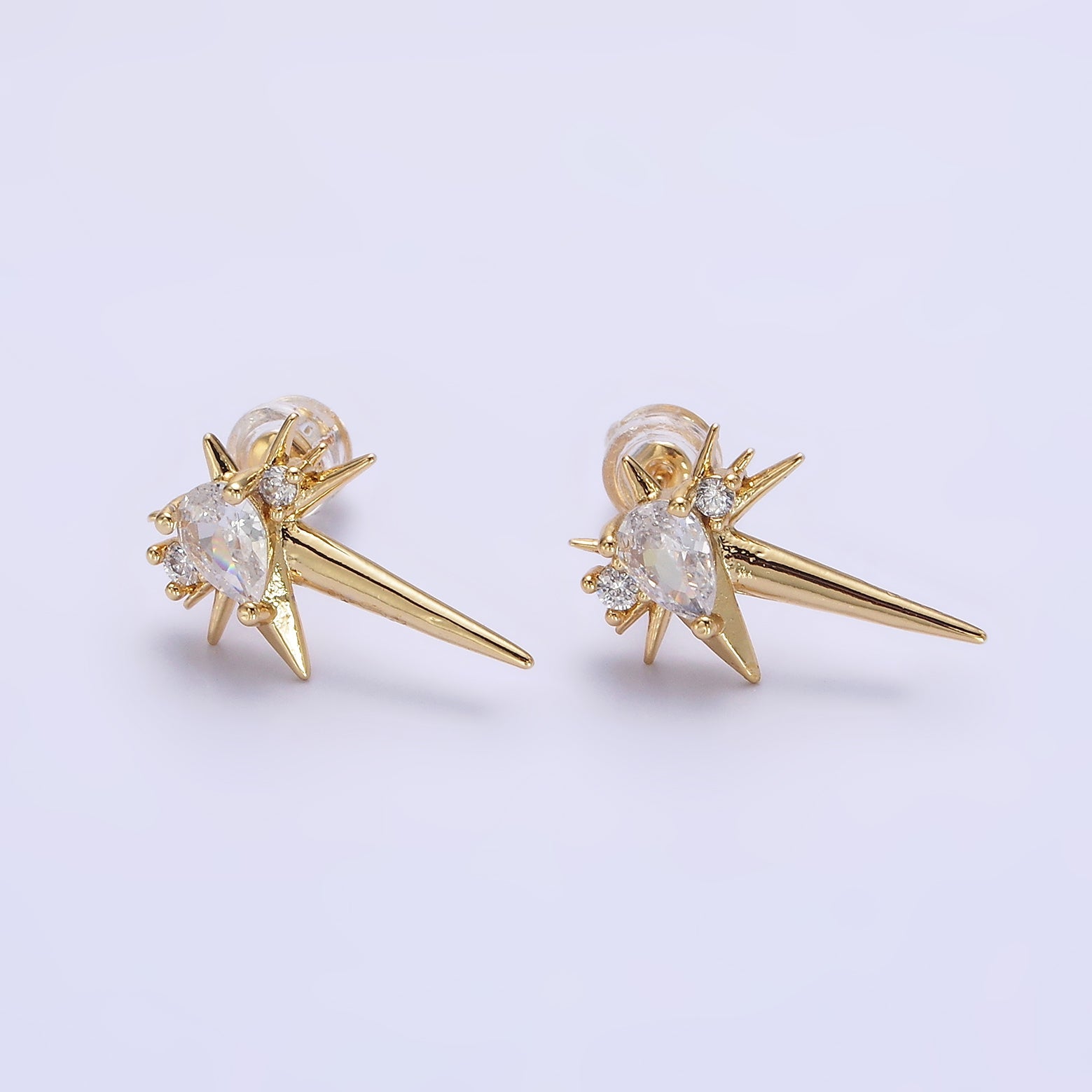 14K Gold Filled Green, Clear Teardrop CZ Spiked Celestial Star Stud Earrings in Gold & Silver | AE648 - AE651 - DLUXCA