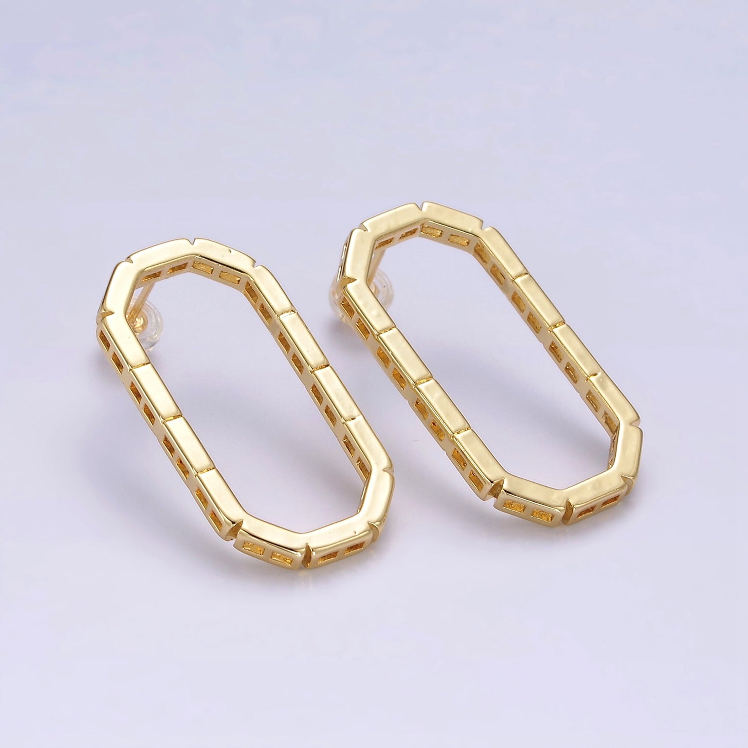 14K Gold Filled Open Oblong Drop Hexagonal Brick Bar Stud Earrings | AE659 - DLUXCA