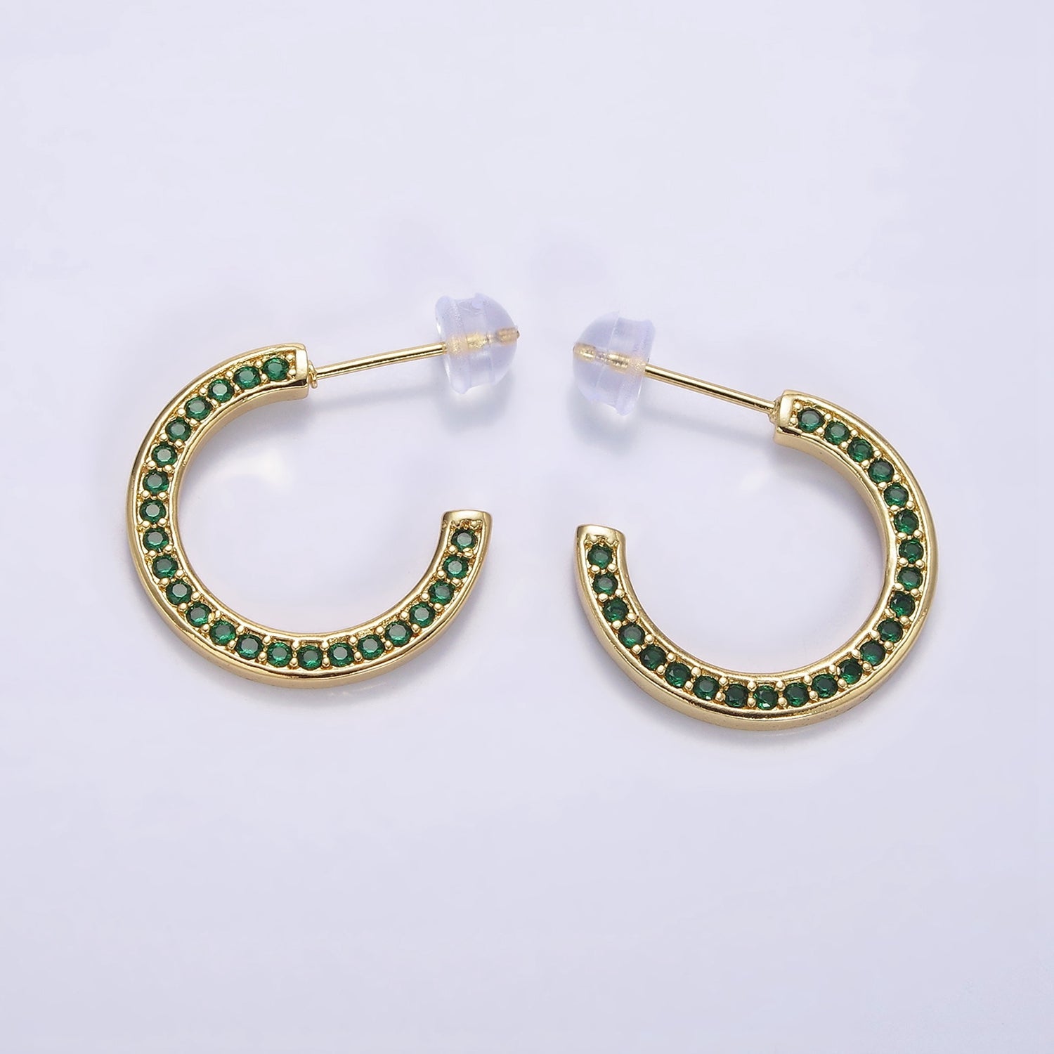 14K Gold Filled Green, Clear, Turquoise Round CZ Lined 20mm C-Shaped Hoop Earrings | AE661 - AE663