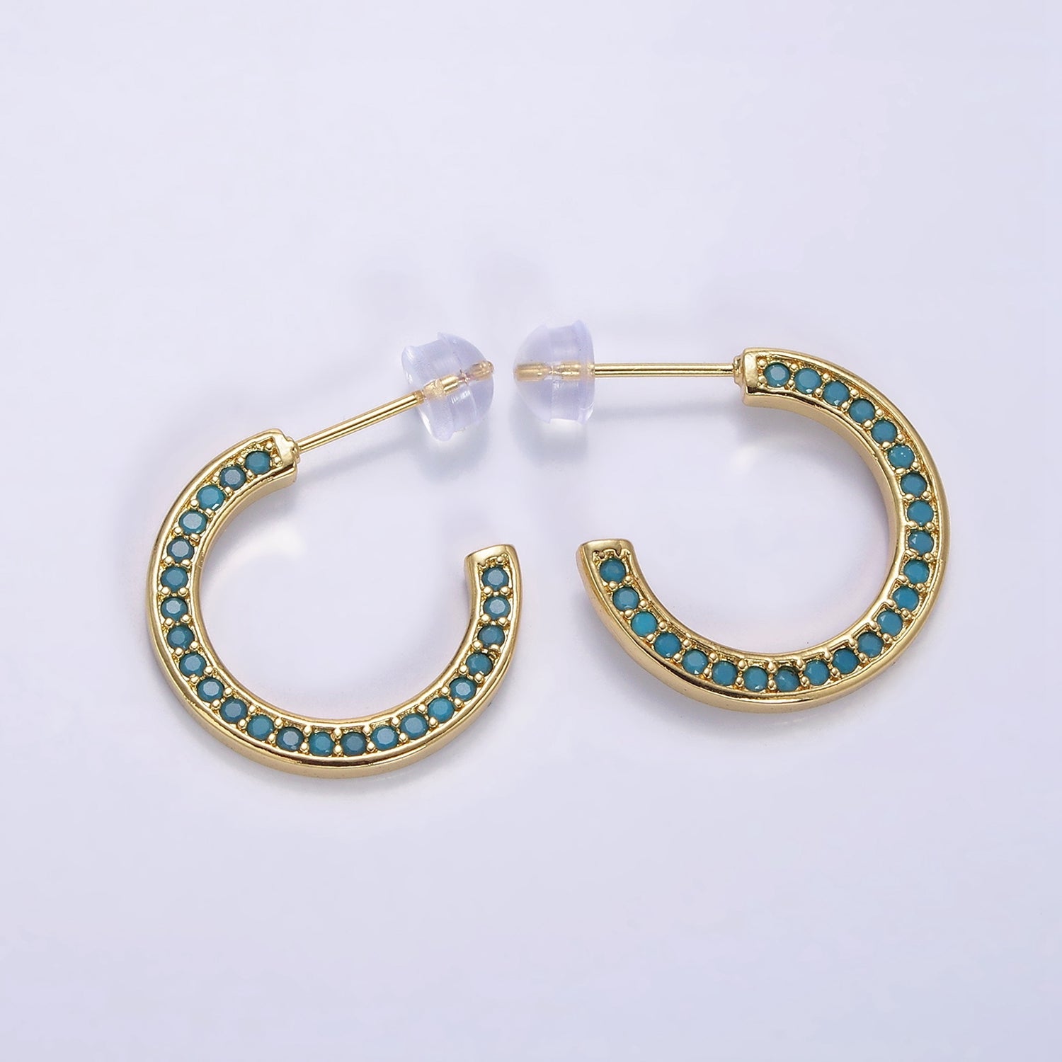 14K Gold Filled Green, Clear, Turquoise Round CZ Lined 20mm C-Shaped Hoop Earrings | AE661 - AE663