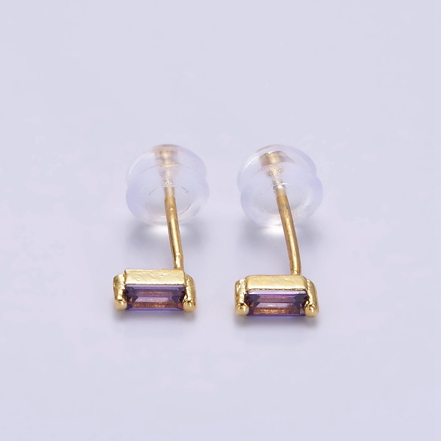 14K Gold Filled 5mm Green, Purple, Fuchsia, Clear, Pink, Blue CZ Baguette Stud Earrings | AE664 - AE669 - DLUXCA