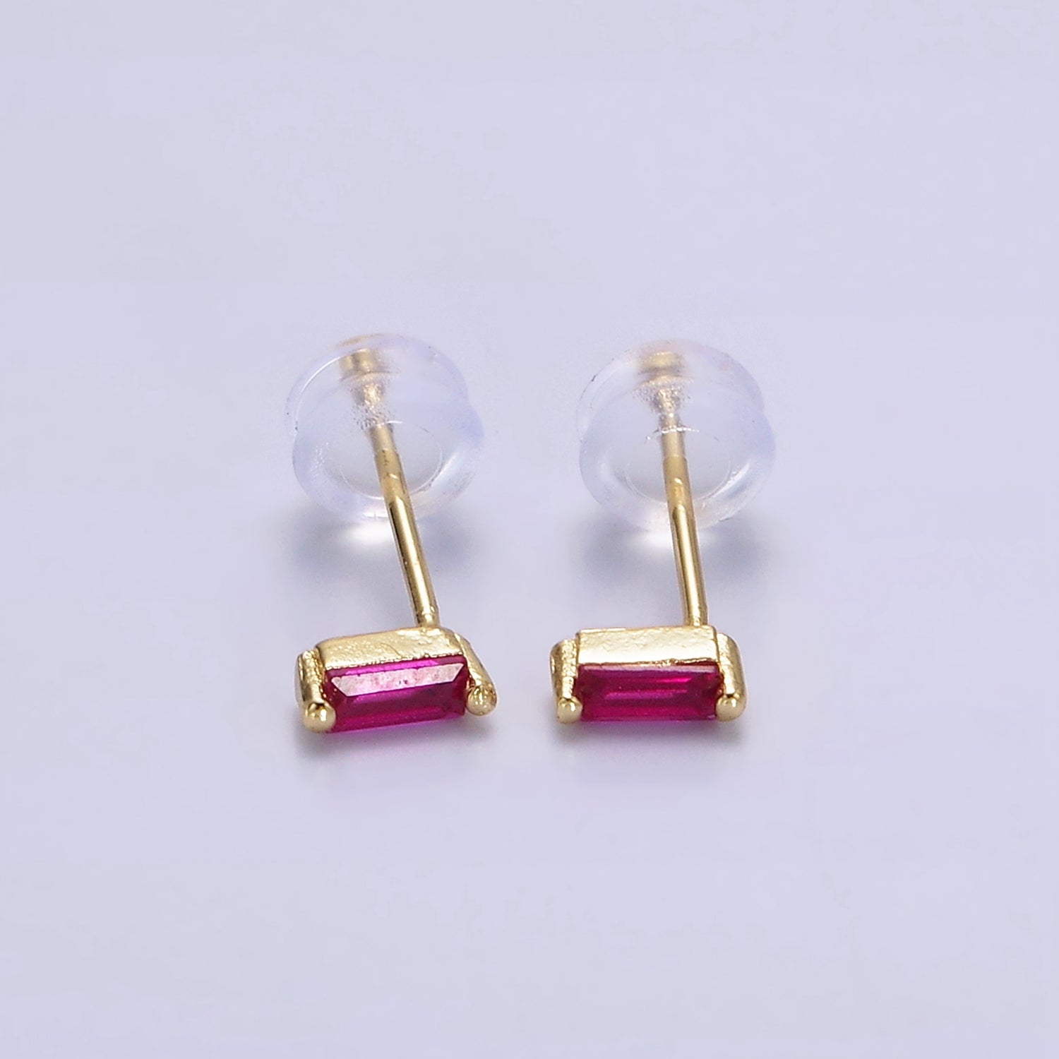 14K Gold Filled 5mm Green, Purple, Fuchsia, Clear, Pink, Blue CZ Baguette Stud Earrings | AE664 - AE669 - DLUXCA