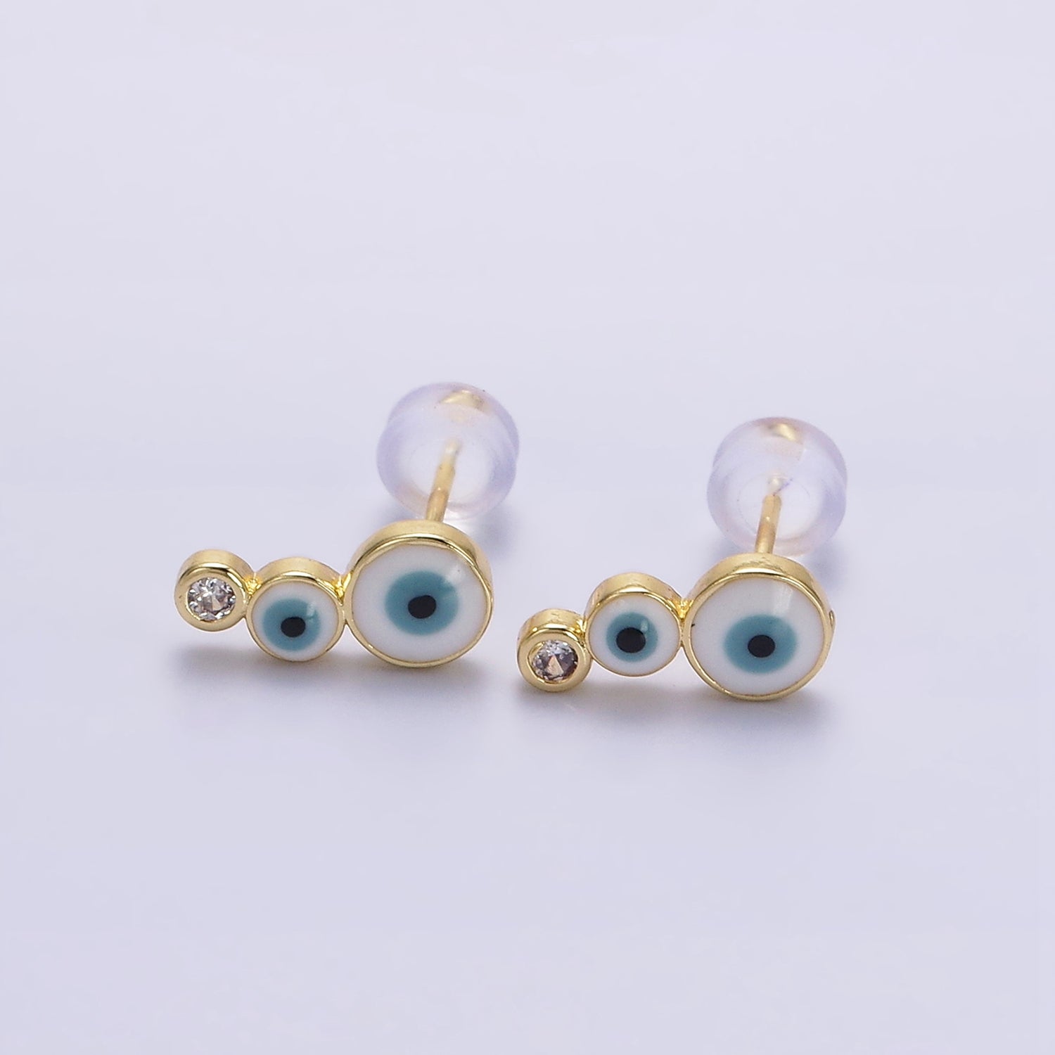 14K Gold Filled White, Blue Evil Eye Triple Bubble Clear CZ Stud Earrings | AE670 AE671