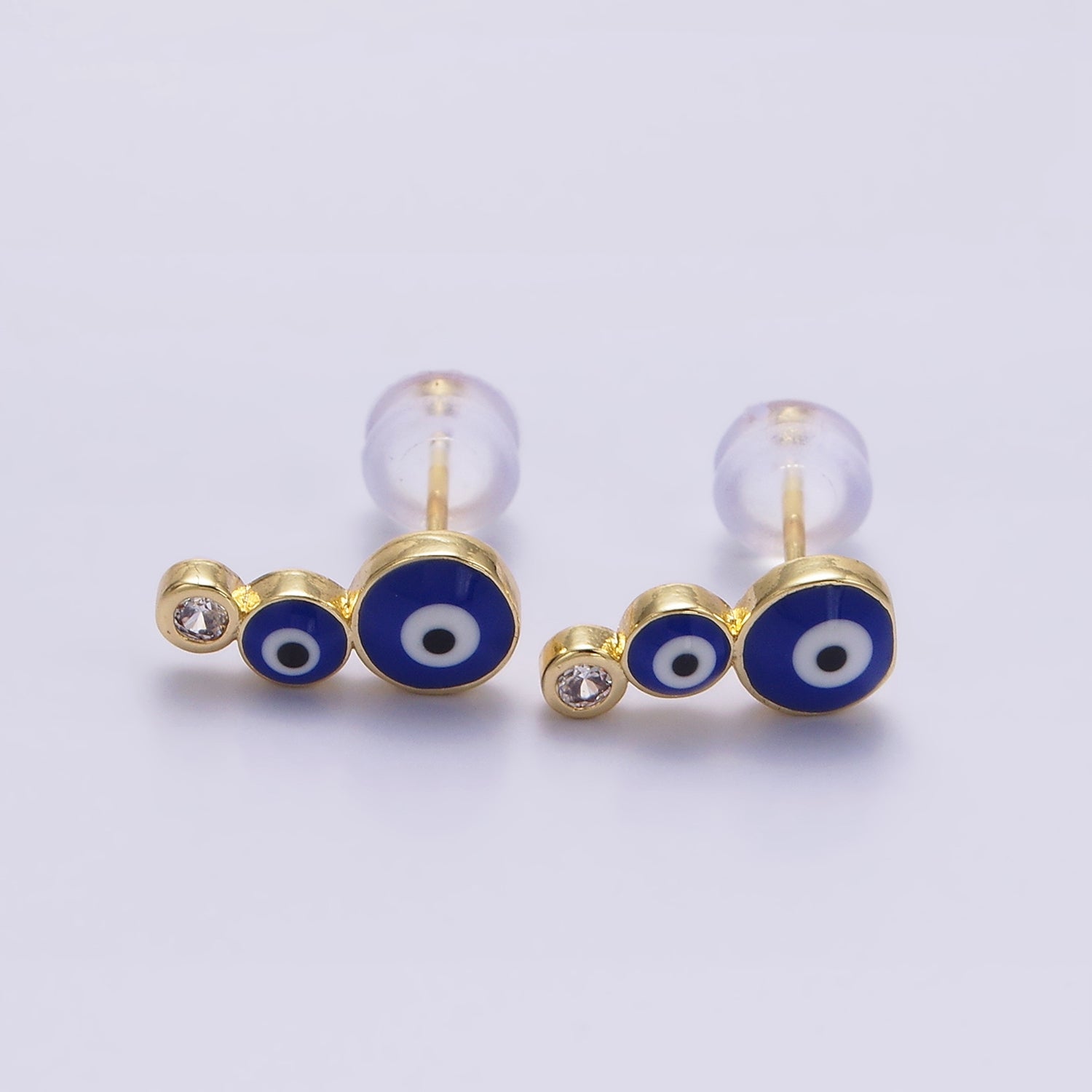 14K Gold Filled White, Blue Evil Eye Triple Bubble Clear CZ Stud Earrings | AE670 AE671