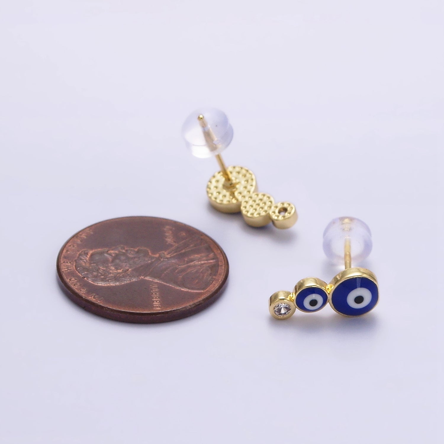 14K Gold Filled White, Blue Evil Eye Triple Bubble Clear CZ Stud Earrings | AE670 AE671 - DLUXCA