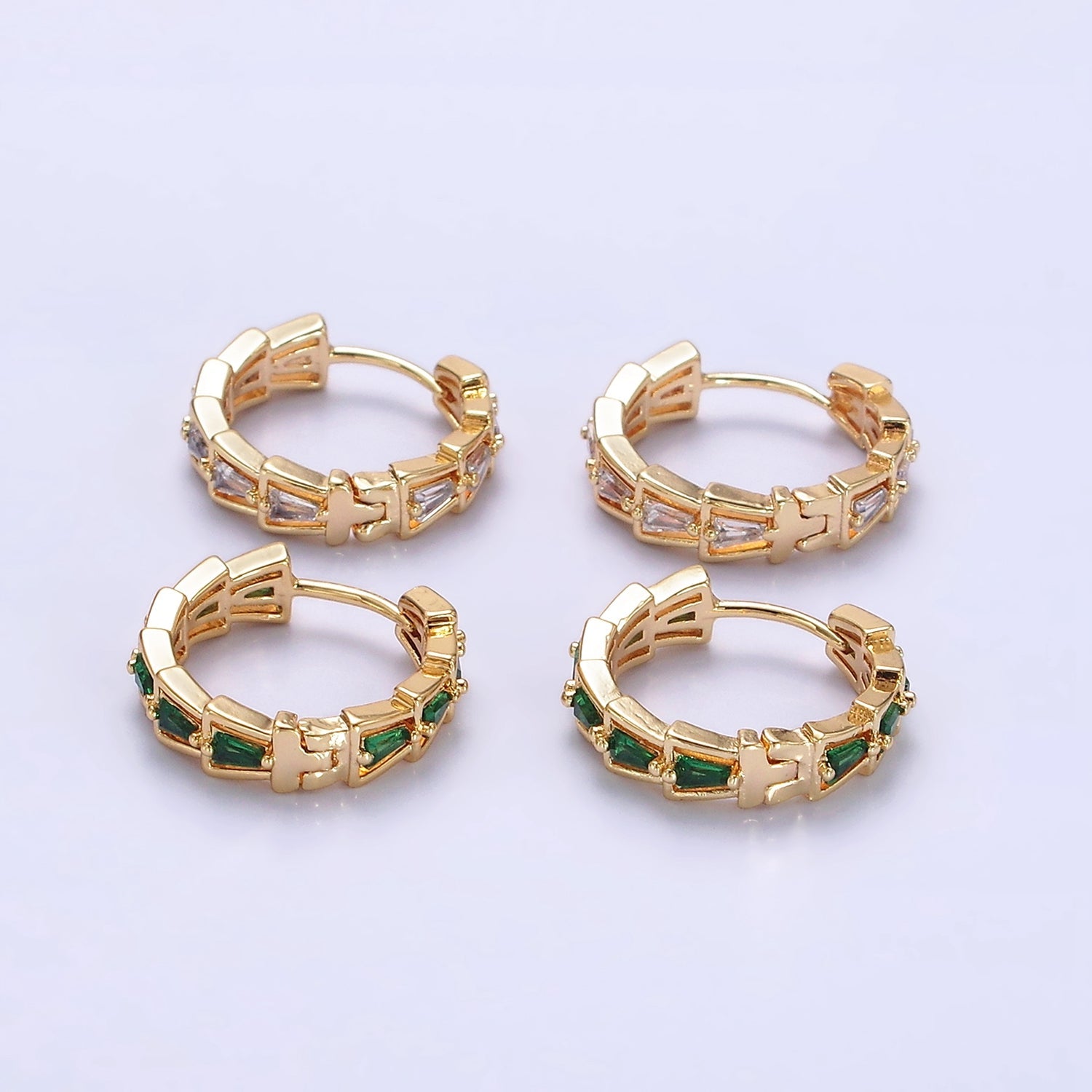 14K Gold Filled Green, Clear Triangle Baguette Lined 19mm Huggie Earrings | AE684 AE658 - DLUXCA