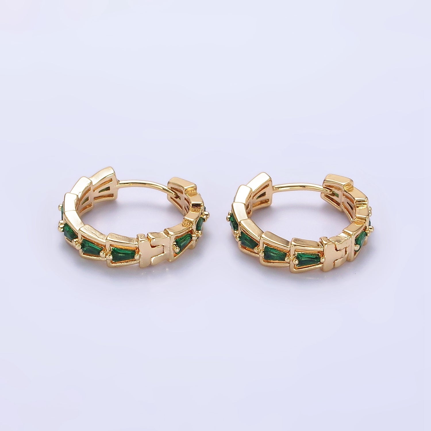 14K Gold Filled Green, Clear Triangle Baguette Lined 19mm Huggie Earrings | AE684 AE658 - DLUXCA