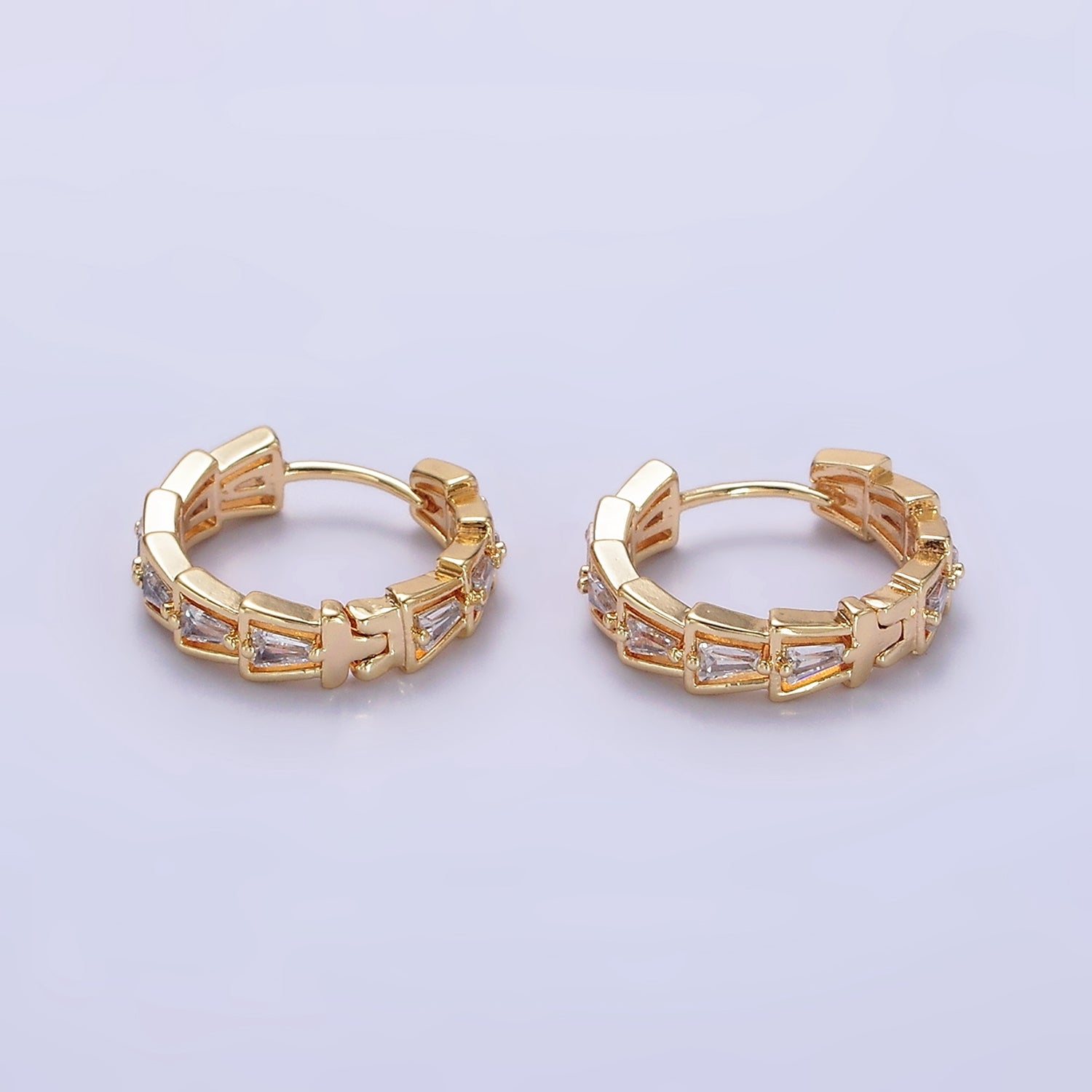 14K Gold Filled Green, Clear Triangle Baguette Lined 19mm Huggie Earrings | AE684 AE658 - DLUXCA